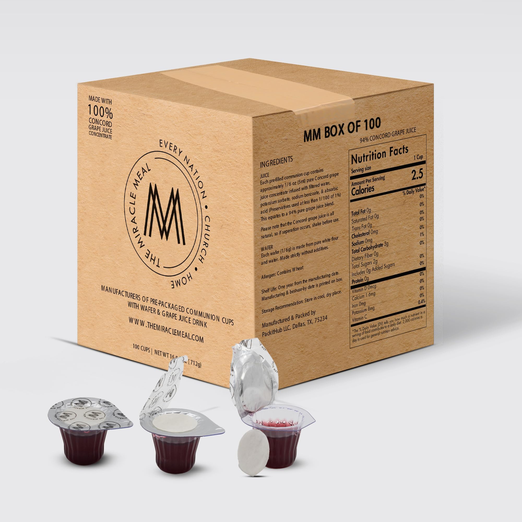 Pre-Filled Communion Cups & Wafer Set - Box of 100 | Prepackaged Holy Communion Bread & 100% Concord Grape Juice | Ready to Serve for Churches & Fellowship Gatherings