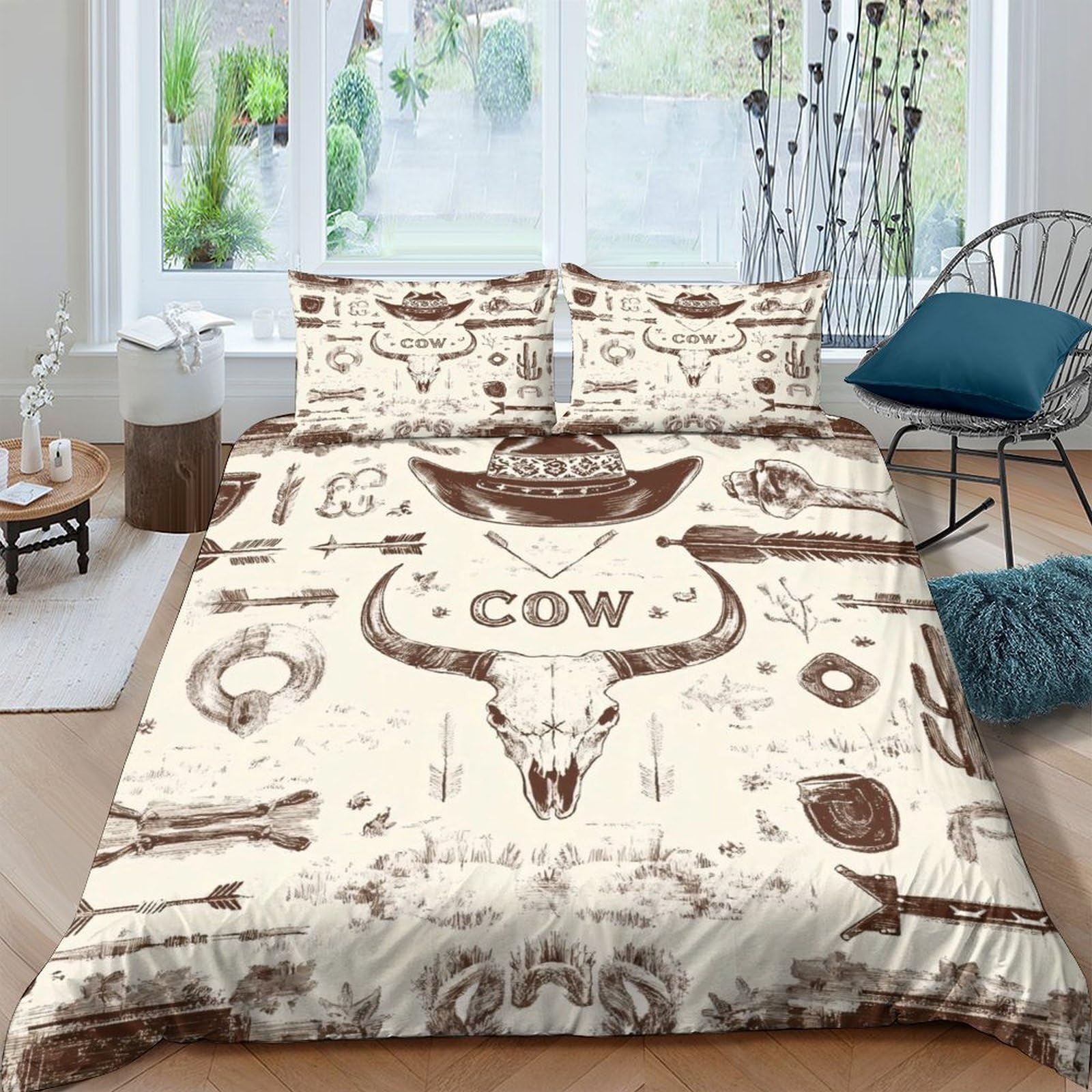 Ctjqhvkz Style-1 3D Printed Western Cow Skull Fitted Sheet Microfiber Soft Anti-Slip Rustic Rodeo Mattress Cover For Bedroom Decor Single（135X200cm）