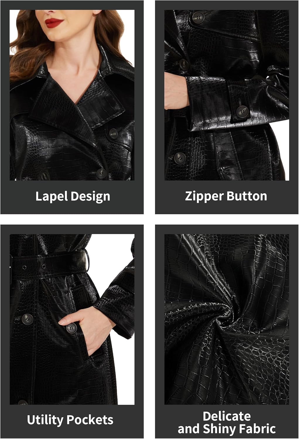 Fahsyee Women's Leather Trench Coat, Faux Motorcycle Plus Size Moto Biker Jacket Short Lightweight Vegan Pleather Fashion - Image 6