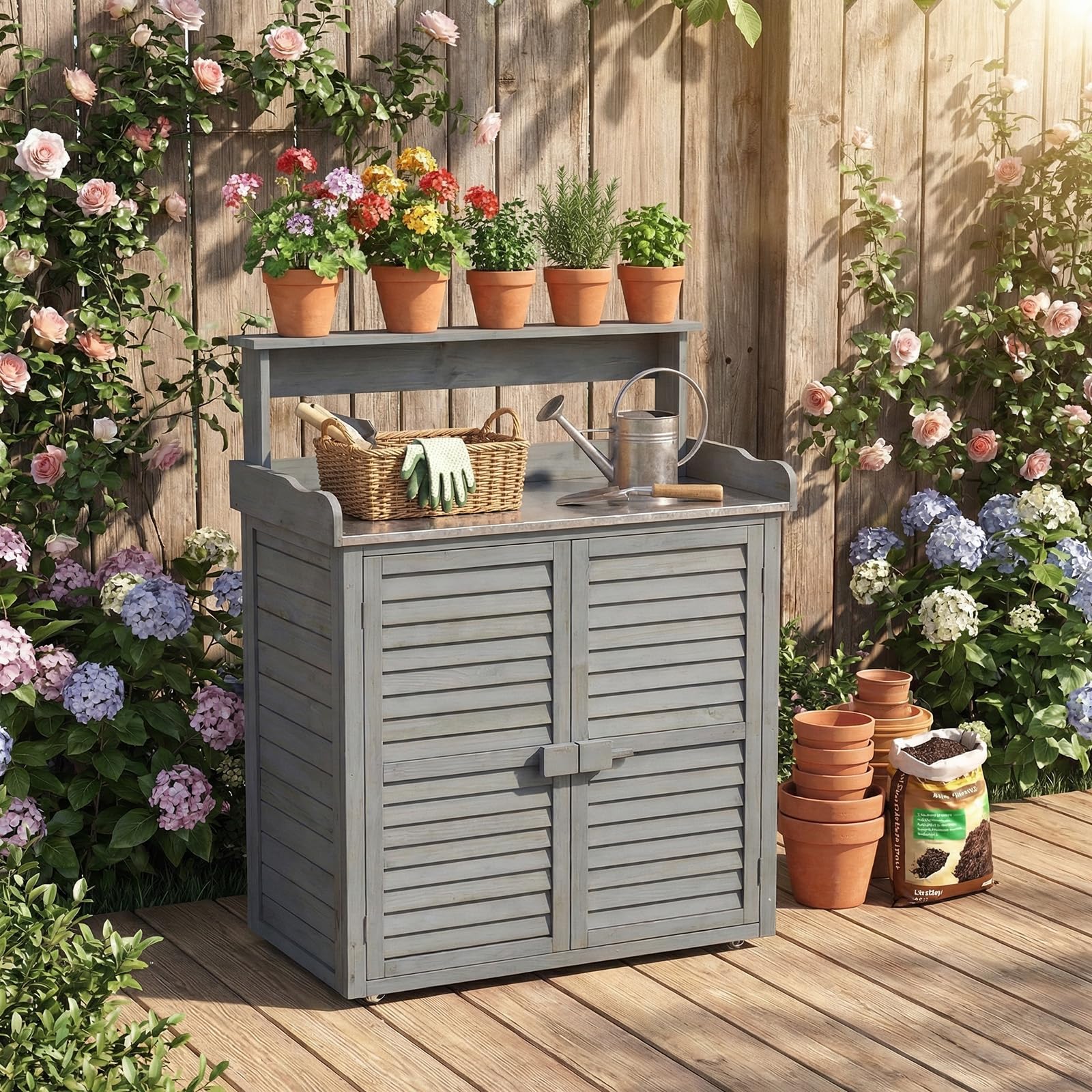 HOMASIS Pflanztisch aus Holz, Gartentisch mit Schrank & Arbeitsplatte, Arbeitstisch mit abnehmbarem Regal & 3 Haken, Blumentisch Outdoor wetterfest, für Terrasse Garten Balkon, 87x45x120cm (Grau)