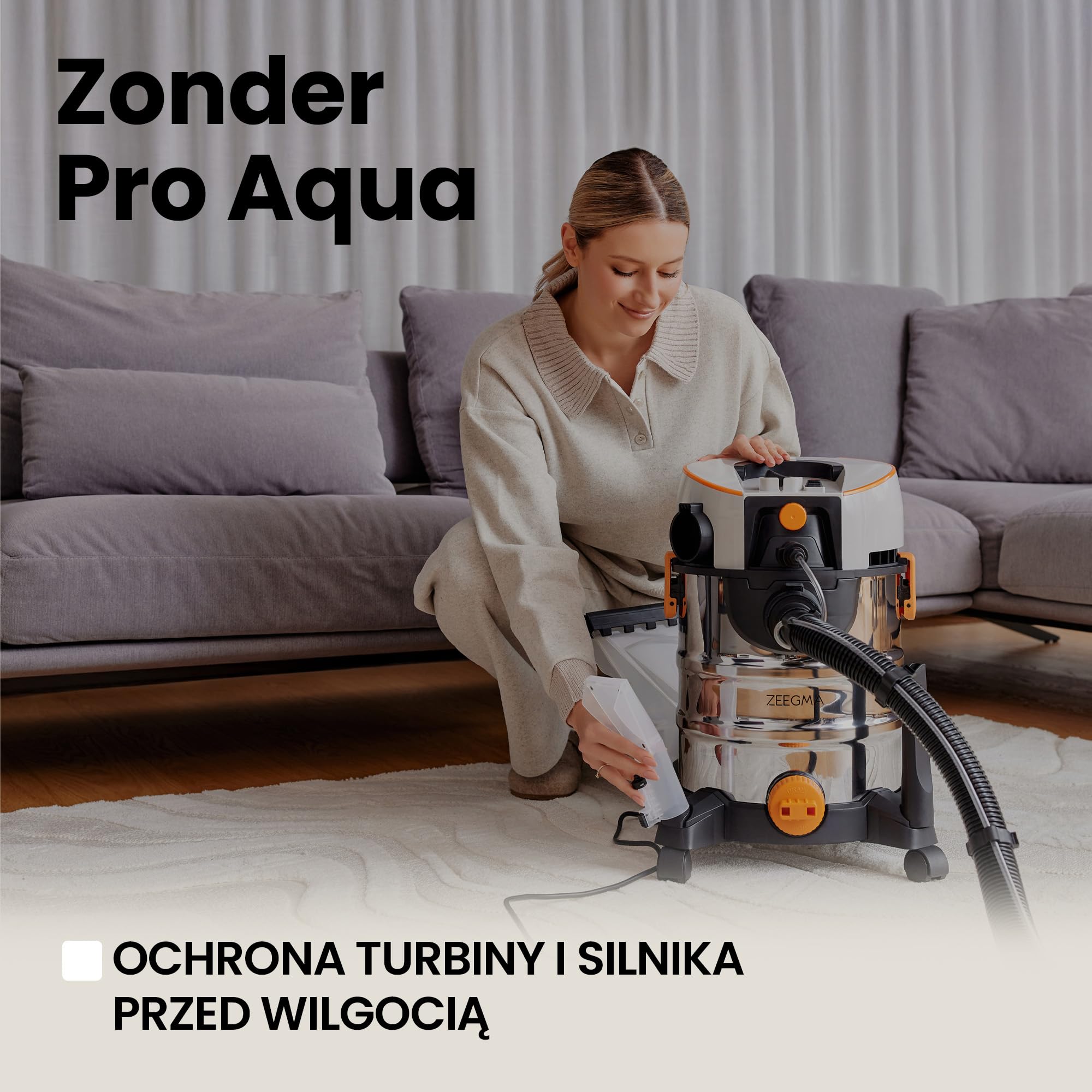 ZEEGMA ZONDER PRO AQUA Odkurzacz Piorący do Pracy na Mokro i Sucho 1400W, do Dywanów Samochodu Tapicerki Schodów, Zbiornik na Wodę Czystą 4 L, Zestaw Filtrów oraz Ssawek Piorących