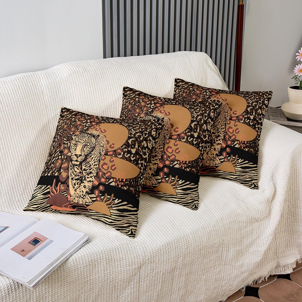 Set Di 2 Federe Decorative 55x55 Cm Con Stampa Leopardata – Motivo Ghepardo A Pois In Stile Cineserie, Lino, Per Divano E Veranda