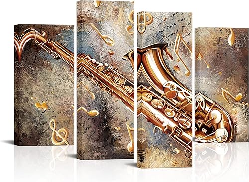 sechars Impresiones artísticas de pared de saxofón, instrumentos musicales, pintura sobre lienzo, póster de jazz enmarcado para el hogar, sala de