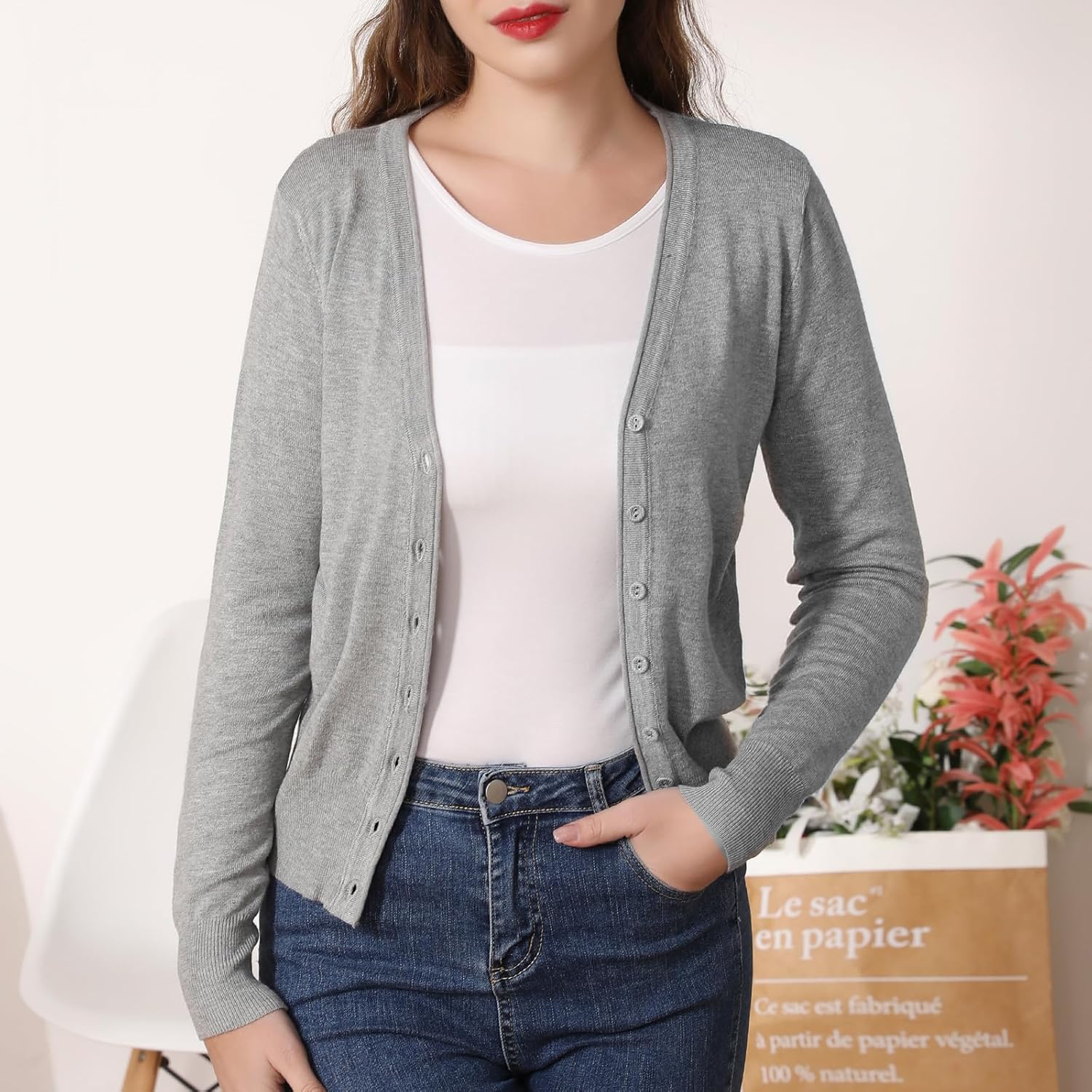 Wowcarbazole Women's Cardigan Sweaters Casual V Neck Button Down Lightweight Soft Long Sleeve Cropped Knit Tops - Image 2