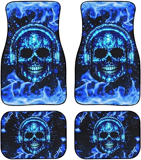 Biyejit Music Fire Skull Car Front and Rear Carpet Floor Mats Backing Rubber Automotive Foot Pads for Most Cars SUVs Vans or Trucks Set of 4