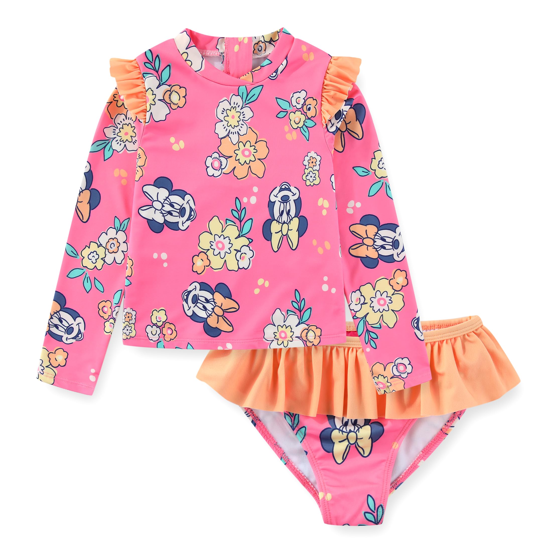 Disney Minnie Mouse Girls UPF 50+ Long Sleeve Rash Guard and Bikini 2-Piece Swimsuit Set for Big Kids