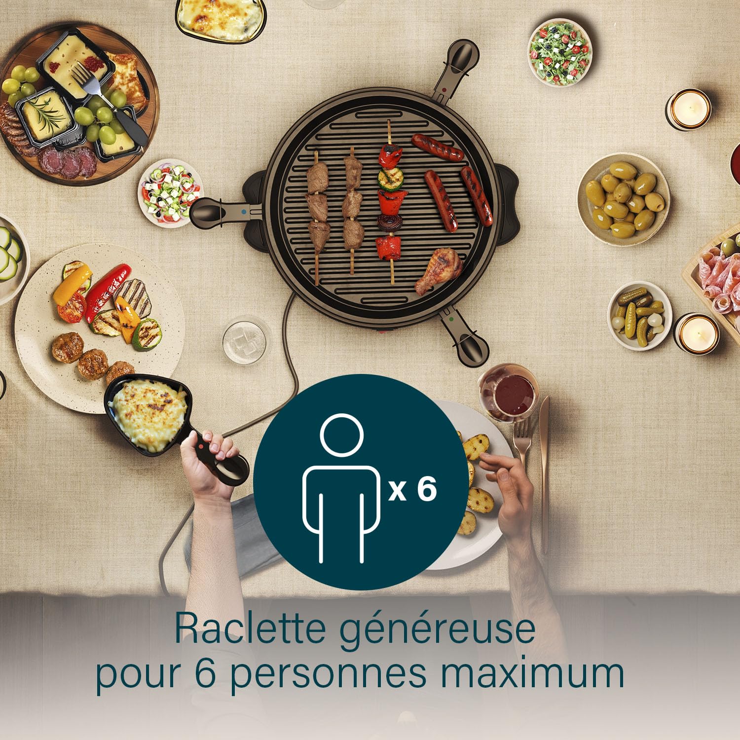 Princess Raclette pour 6 personnes avec plaque de grill ronde amovible – Surface antiadhésive, cuisson saine sans matière grasse, idéale pour viande, poisson et légumes