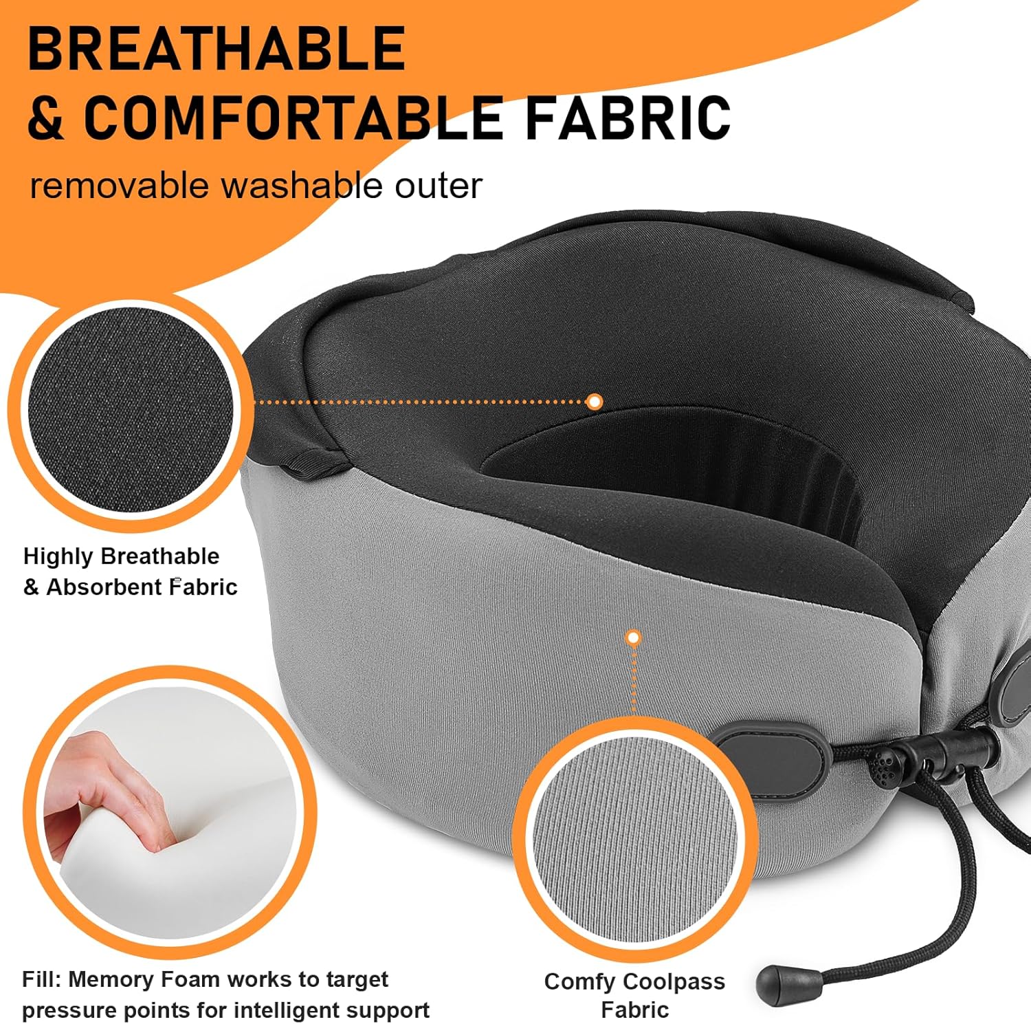 Neck Pillow for Travel - Hooded Memory Foam Plane Pillow for Airplane, Office, Cars Sleeping, Long Flight Must Haves, Portable Road Trip Essentials for Adults Gray - Image 4