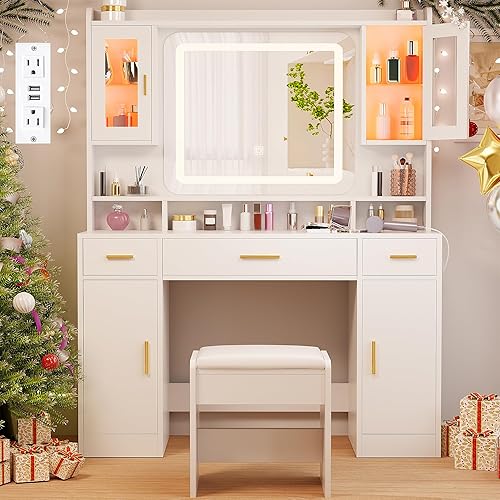 ANWBROAD White Vanity Desk with Mirror and Lights Large Makeup Vanity Table Set with 2 RGB Cabinet 3 Drawers Modern Dressing Table with Power Outlet & Chair RGB Ambient Light for Girls Bedroom UBDT66C