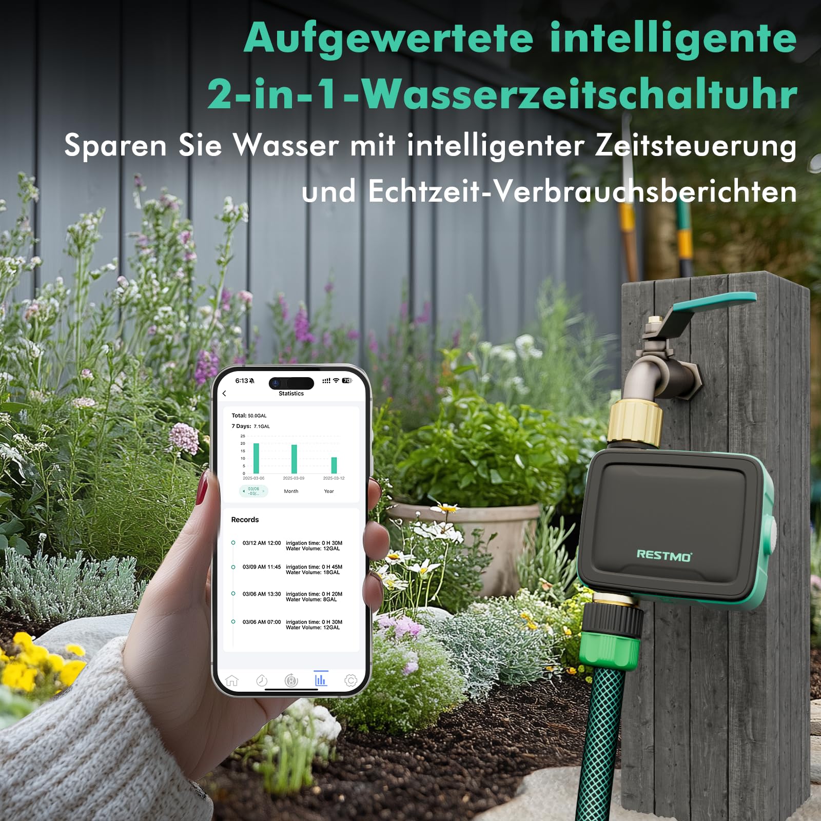 RESTMO Bewässerungscomputer 1 Ausgänge, Bluetooth Bewässerungstimer | App-Steuerung, 3 Modi (auto/manuell/Regenpause), bis zu 11:59 Std. Bewässerung, für Garten & Rasen