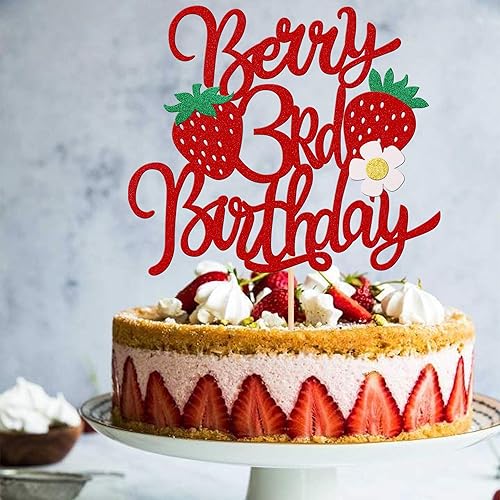 Miniatura 4 de 1 pieza de fresa y bayas para pastel de tercer cumpleaños con purpurina y tema de fruta dulce, selección de pastel de fresa para temática de fresa,