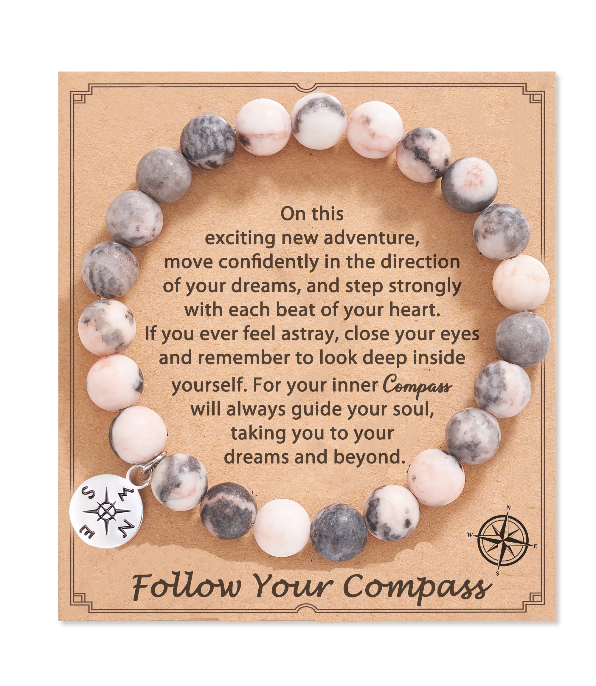 HGDEER Inspirational Gifts, Natural Stone Compass Bracelets Retirement Farewell Goodbye Present for Women Men Pink