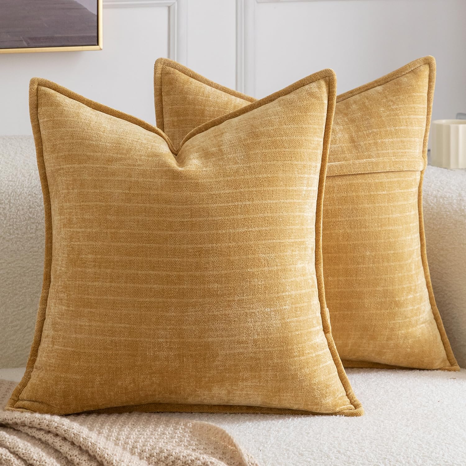 Madizz Pack of 2 Decorative Striped Cushion Covers Vintage Boho Soft Chenille Throw Pillows Luxurious Pillow Cases for Couch Sofa Bedroom Living Room 50x50 CM, Yellow — image 1