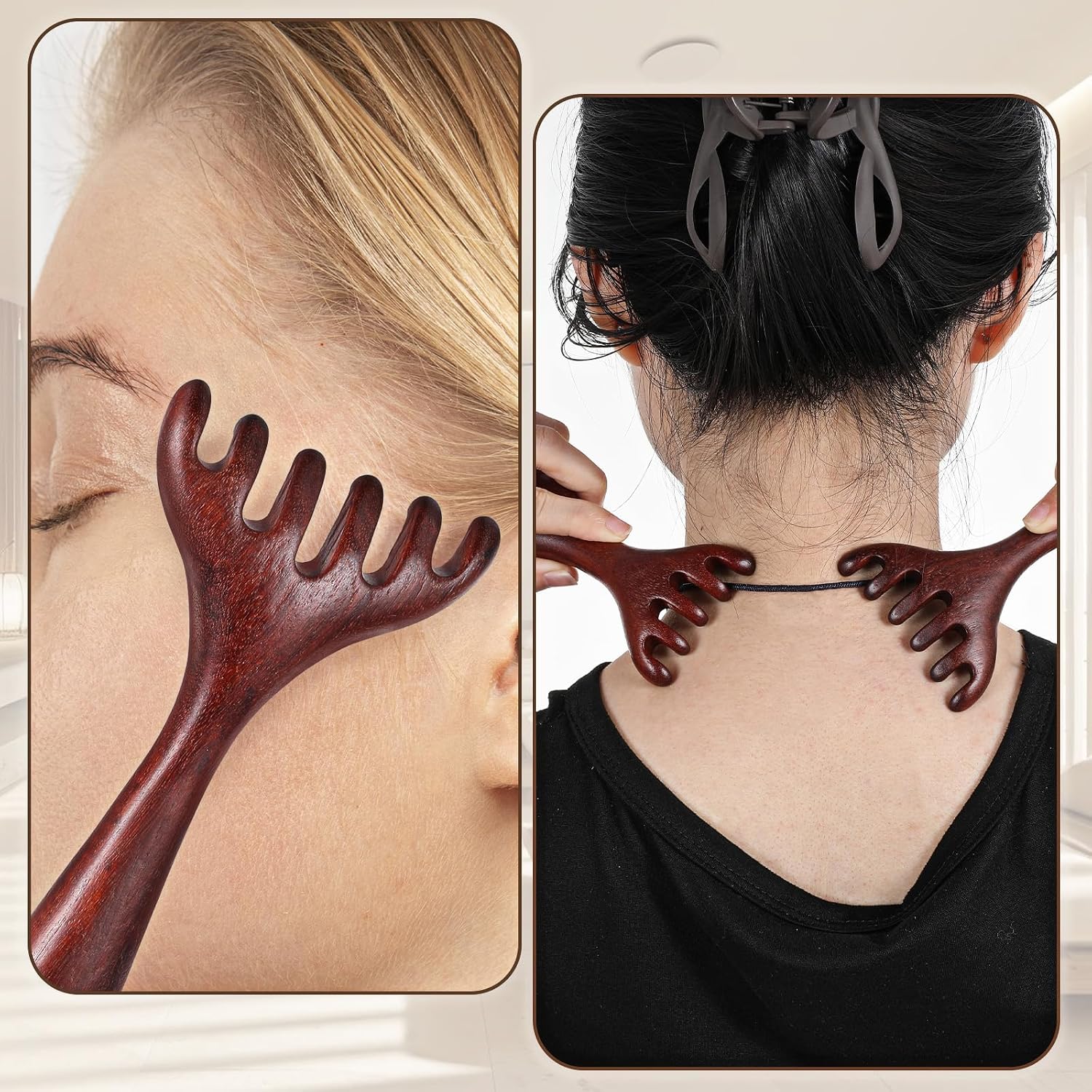 2 PCS Wood Head Massager Scalp Stress Relax, Therapy Comb Scratcher Massager Tool for Deep Relaxation and Stress Reduction, Wooden Manual Scalp Massagers Combs for Head Face Eye Nose Jaw and Neck