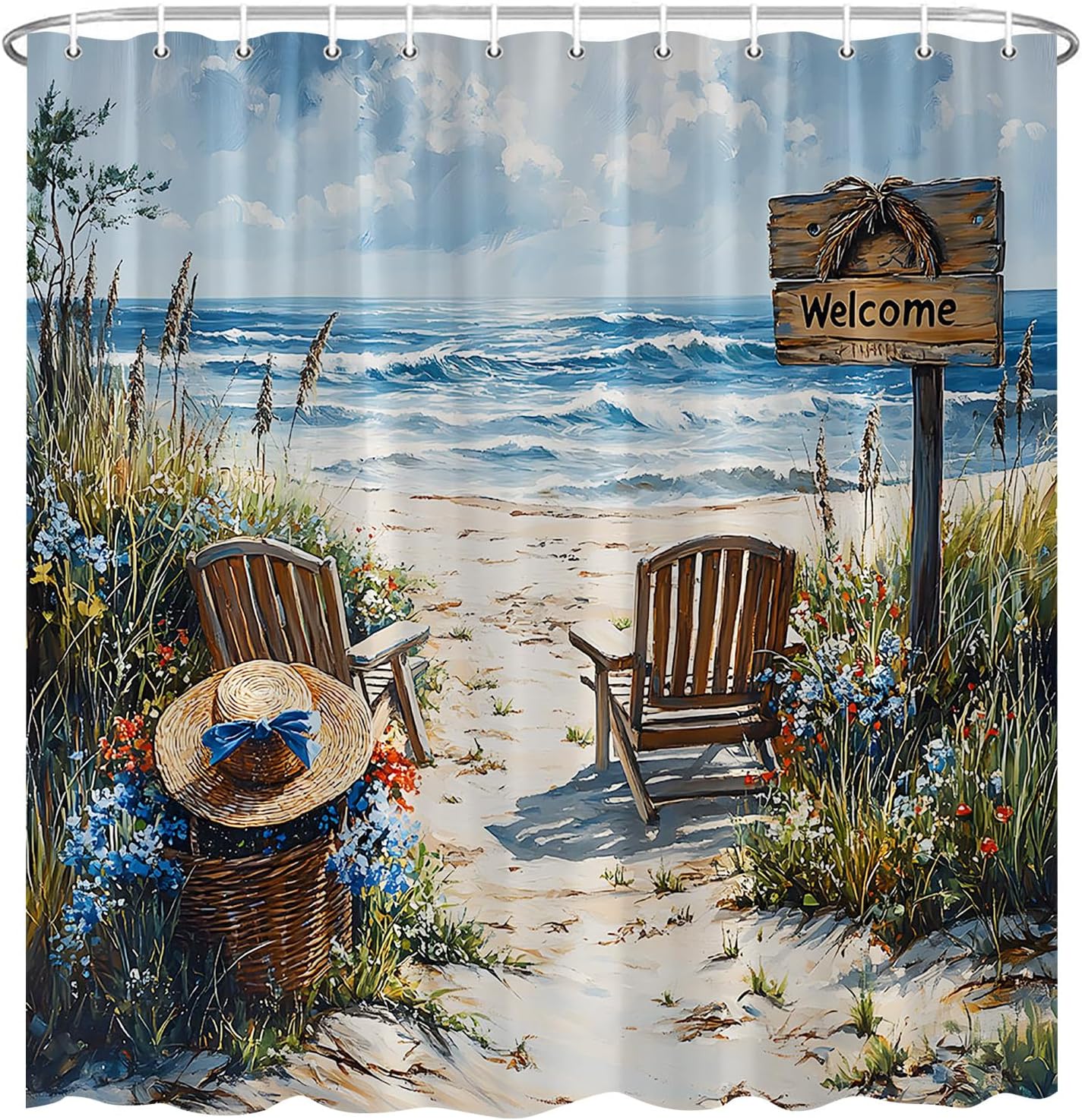 Beach Coastal Shower Curtain Blue Sea Scene Beachy Recliner Chair Hawaii Seaside Landscape Blue Flower Polyester Fabric Bathroom Decor 108×70 Inch with Hook