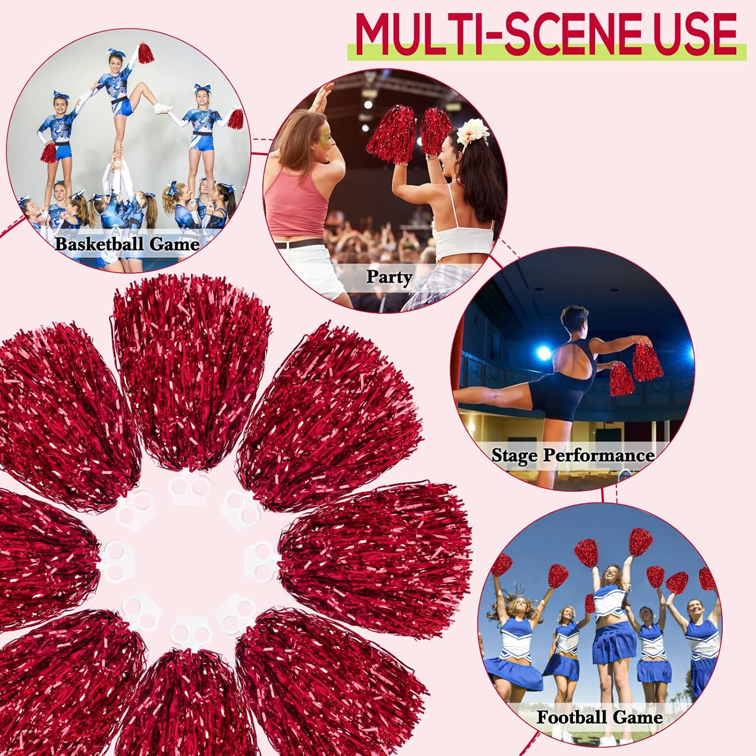 12PCS Cheerleading Pom Poms,Cheer Pom Poms with Plastic Handles, Metallic Foil Cheerleader Pom Poms for Kids Adults Girls,Red Pom Poms for Team Spirit Sports，Cheering Squads, Players, Matches, Parties : Sports & Outdoors