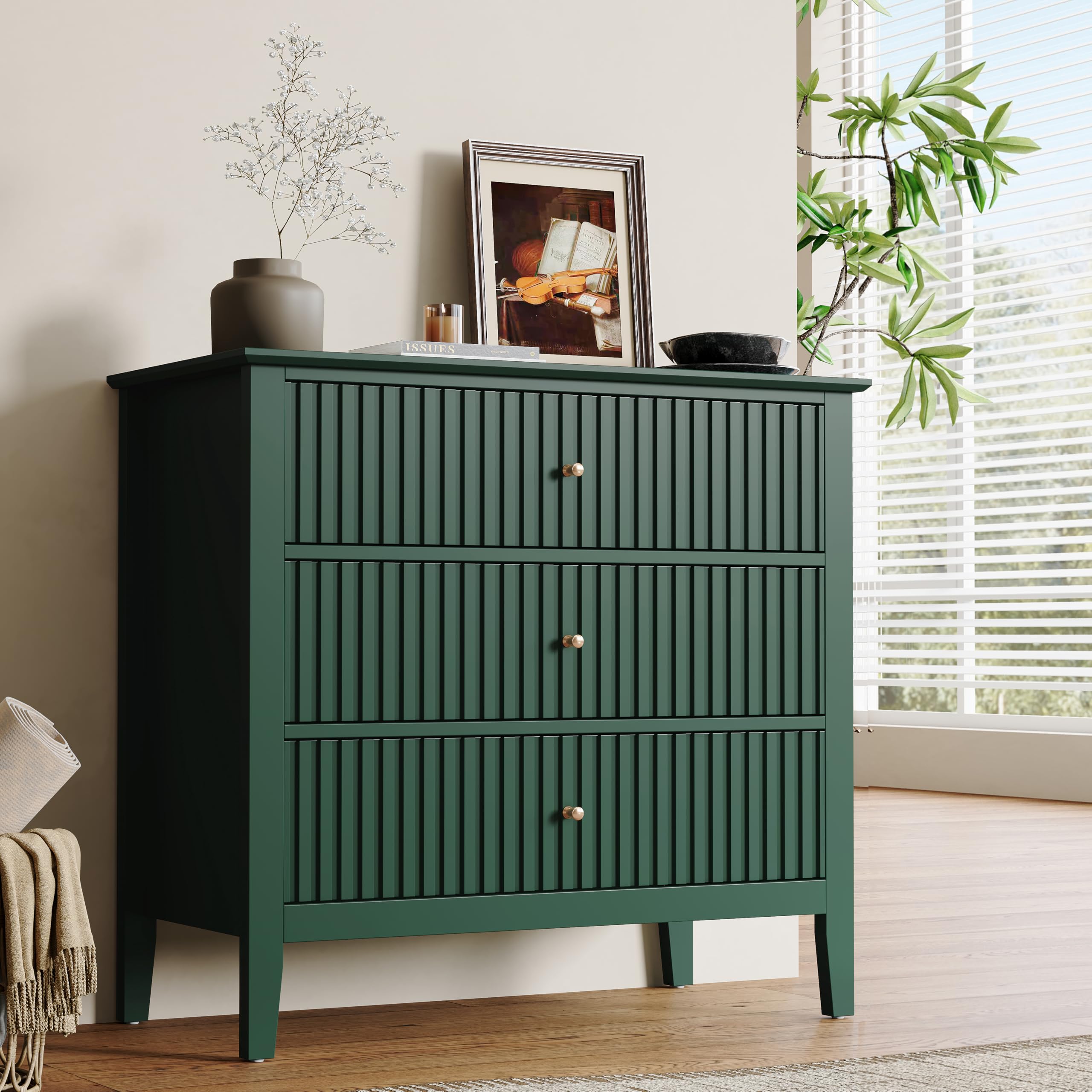 RoyalCraft 32" Large Nightstand, Fluted Painted Bedside Table with 3 Spacious Drawers, Modern Tall End Table for Bedroom, Dark Green