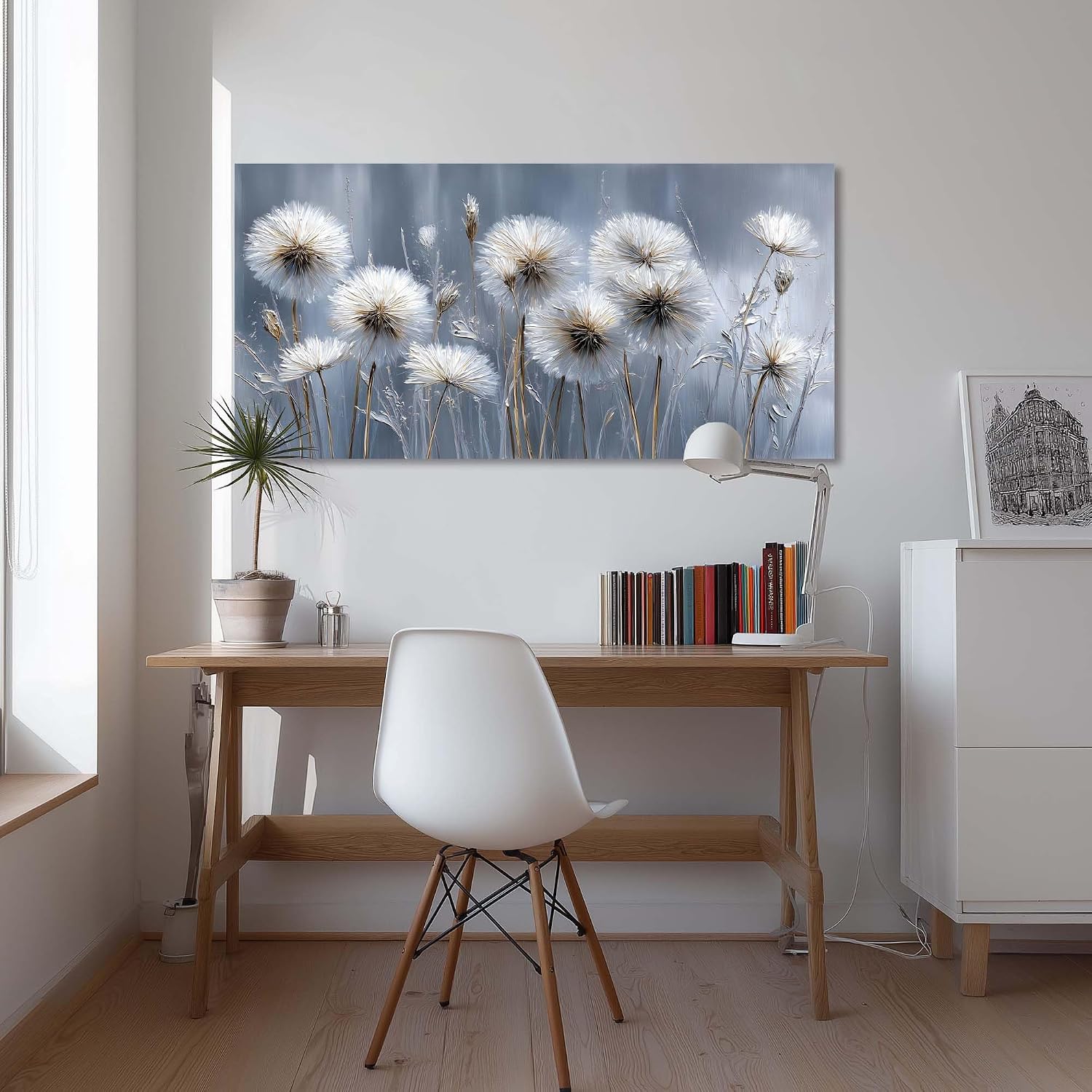 Ggaafet White Dandelion Wall Art for Bedroom Canvas Oil Painting Prints Beautiful Dream Flower Floral Blooming Art Deco Modern Artwork Office Family Dining Room Decor