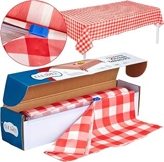 Red Gingham Plastic Tablecloth Roll With Cutter, 100' x 52" - Heavy Duty Party Table Cloth In Self Cutting Box - For Picnics, BBQs, and Birthday Parties - By Clearly Elegant