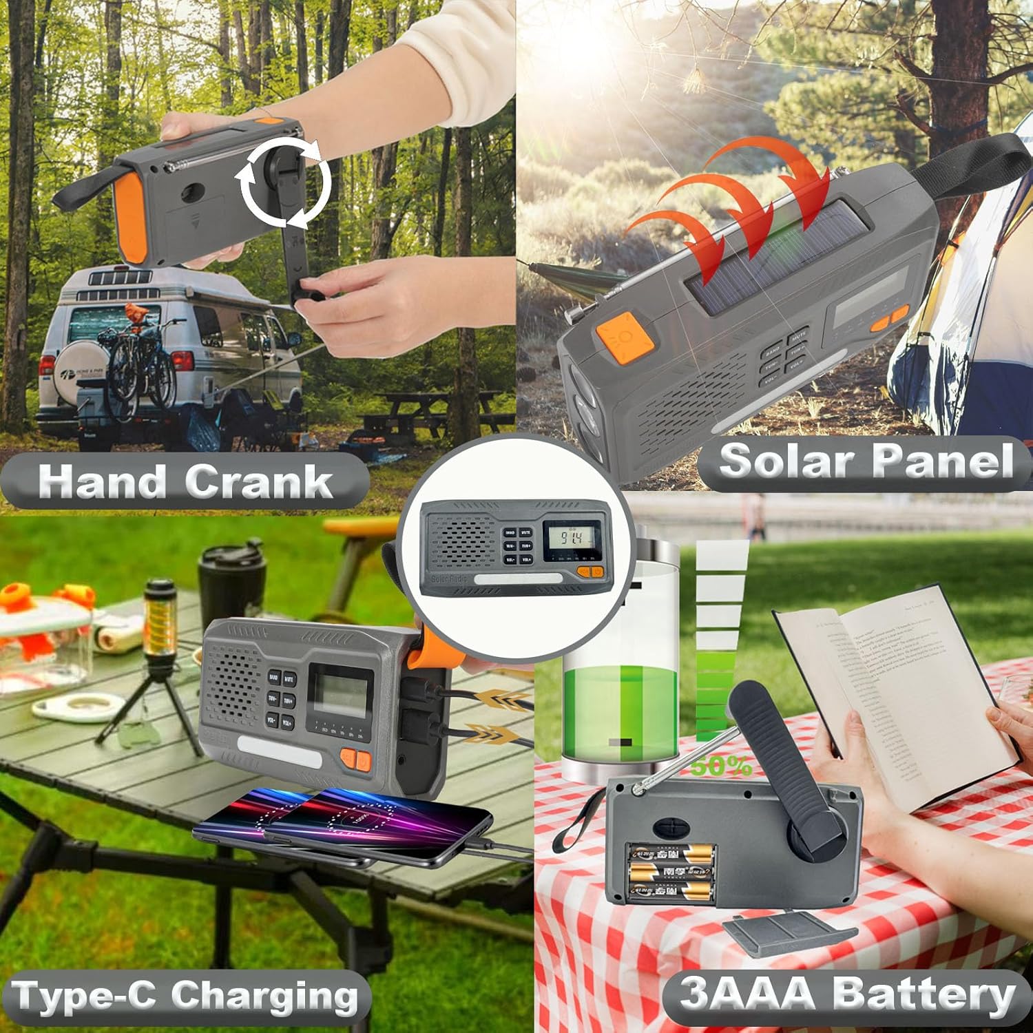 Emergency Hand Crank Radio, 7400mWh Solar Weather Radio with AM/FM/NOAA, Battery Powered Radio with Cell Phone Charger, Digital Display, Flashlight, Headphone Jack & SOS Alarm for Outdoor/Survival