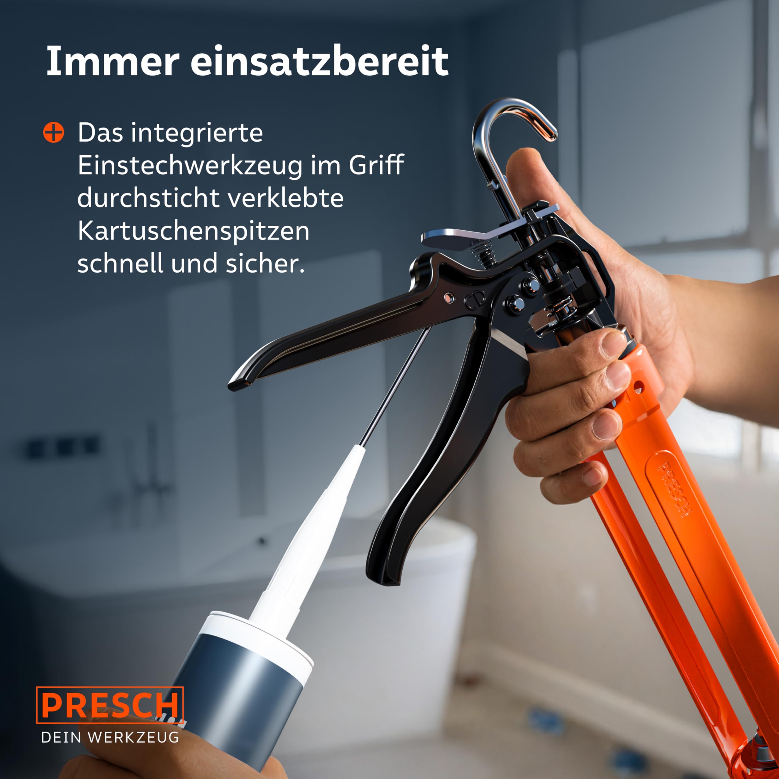 Presch Kartuschenpresse 18:1 Übersetzung & Nachlaufstopp - Silikonspritze für Kartuschen bis 310ml (Mittlere Viskosität, Montagekleber) - Kartuschenpistole 360° drehbar inkl. Einstechwerkzeug