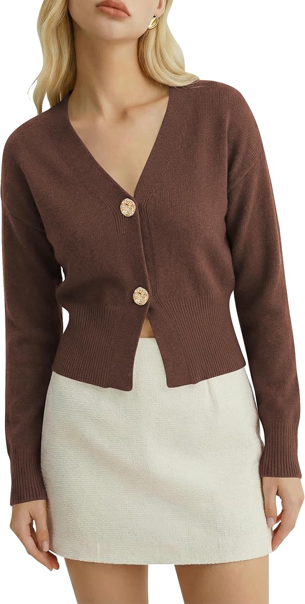 Womens Fall V Neck Cardigan Cropped Button Down Knit Sweater(Size UP)