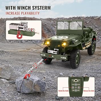 Remote Control Truck Off Road - 4x4 1/10 Scale Willys Army Rock Crawler RC Truck with Winch&Car Cover, 40Mins Play Time All Terrain Offroad RC Car, Military Vehicle Toys for Boys, Radio Controlled Car