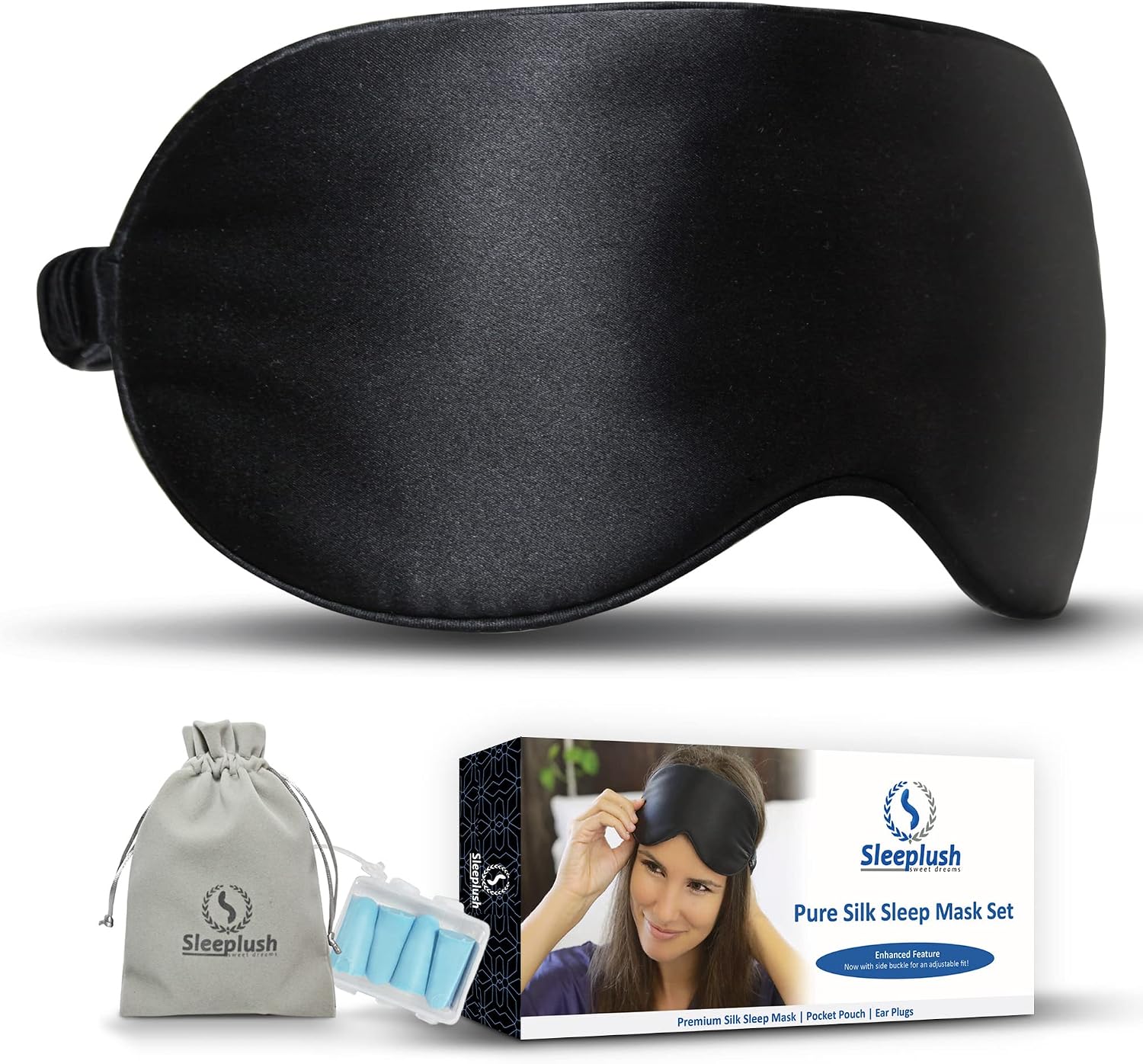 Sleeplush Mulberry Silk Sleep Mask – Sleep Mask with Silk Covered Straps – Sleep Masks for Women and Men - Eye Mask for Sleeping Comes with Ear Plugs and Pocket Bag - Weighted Sleep Mask - Black