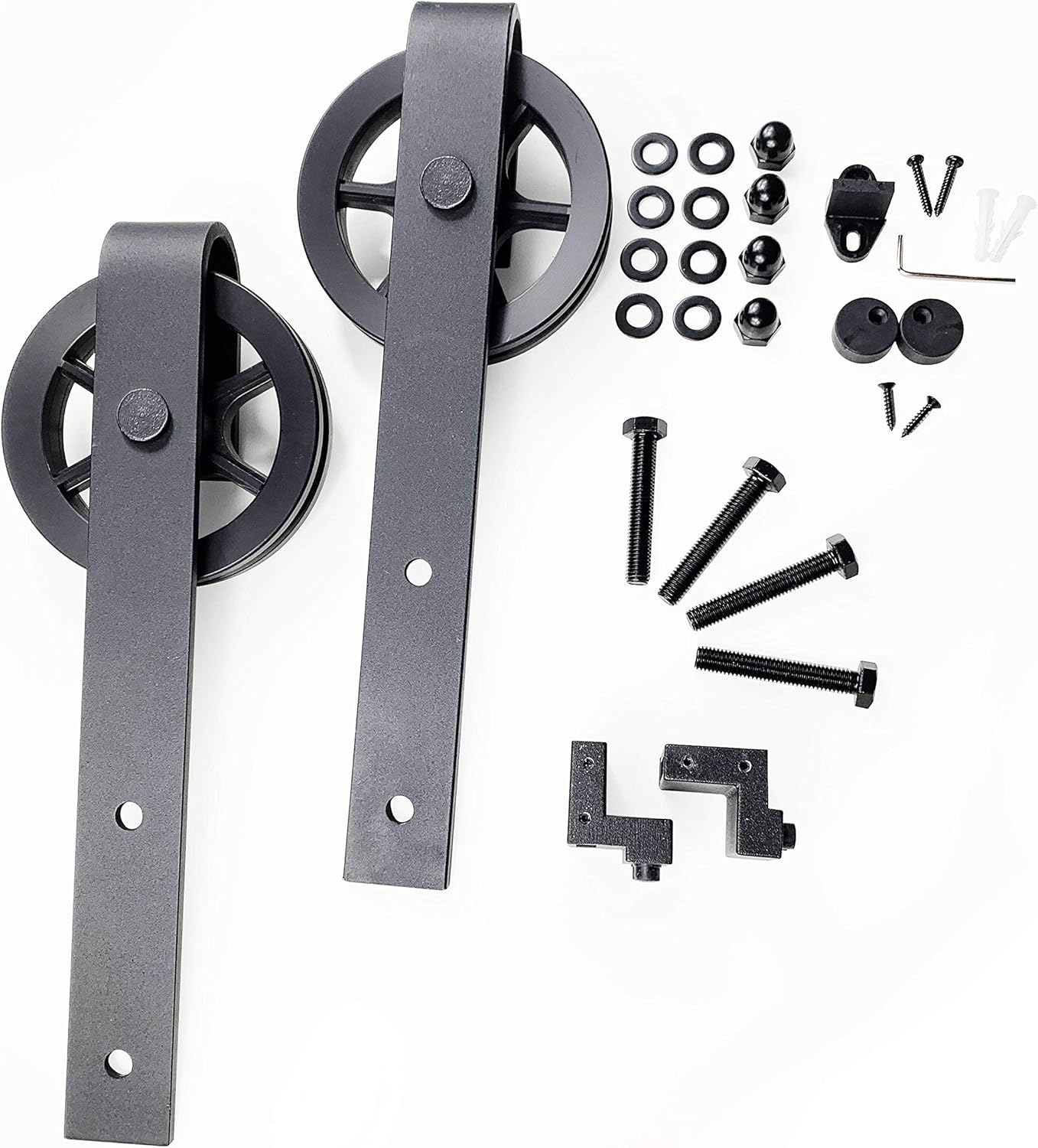 Homacer Black Rustic Extra Roller Set, Includes Two Rollers with Nuts, Bolts, and Washers, Two Door Stoppers, Two Anti-Jump Pads, and One Floor Guide (Spoke Wheel Design)