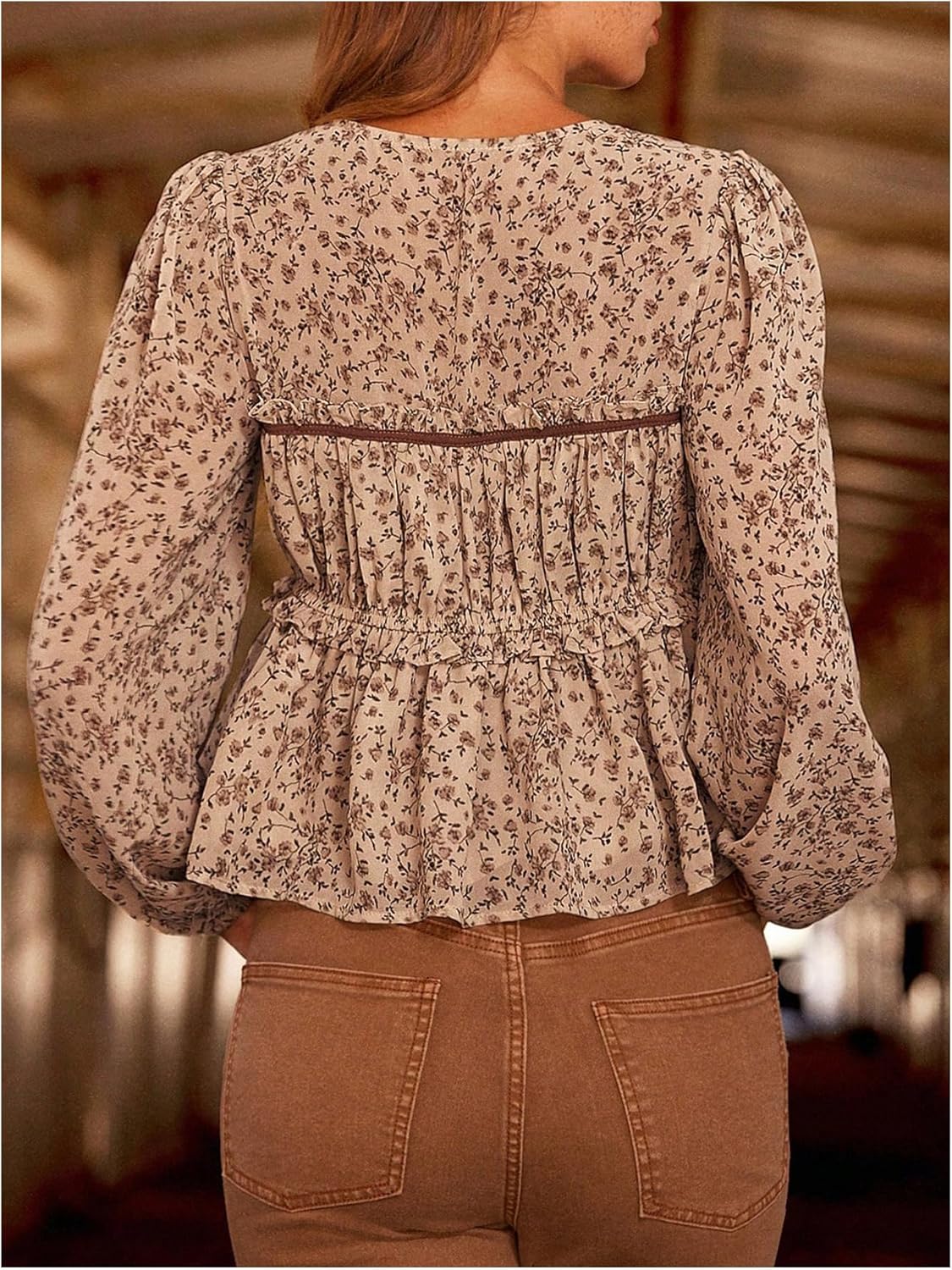 SOLY HUX Women's Floral Peplum Tops Tie Front V Neck Lantern Long Sleeve Ruffle Vacation Blouse - Image 2