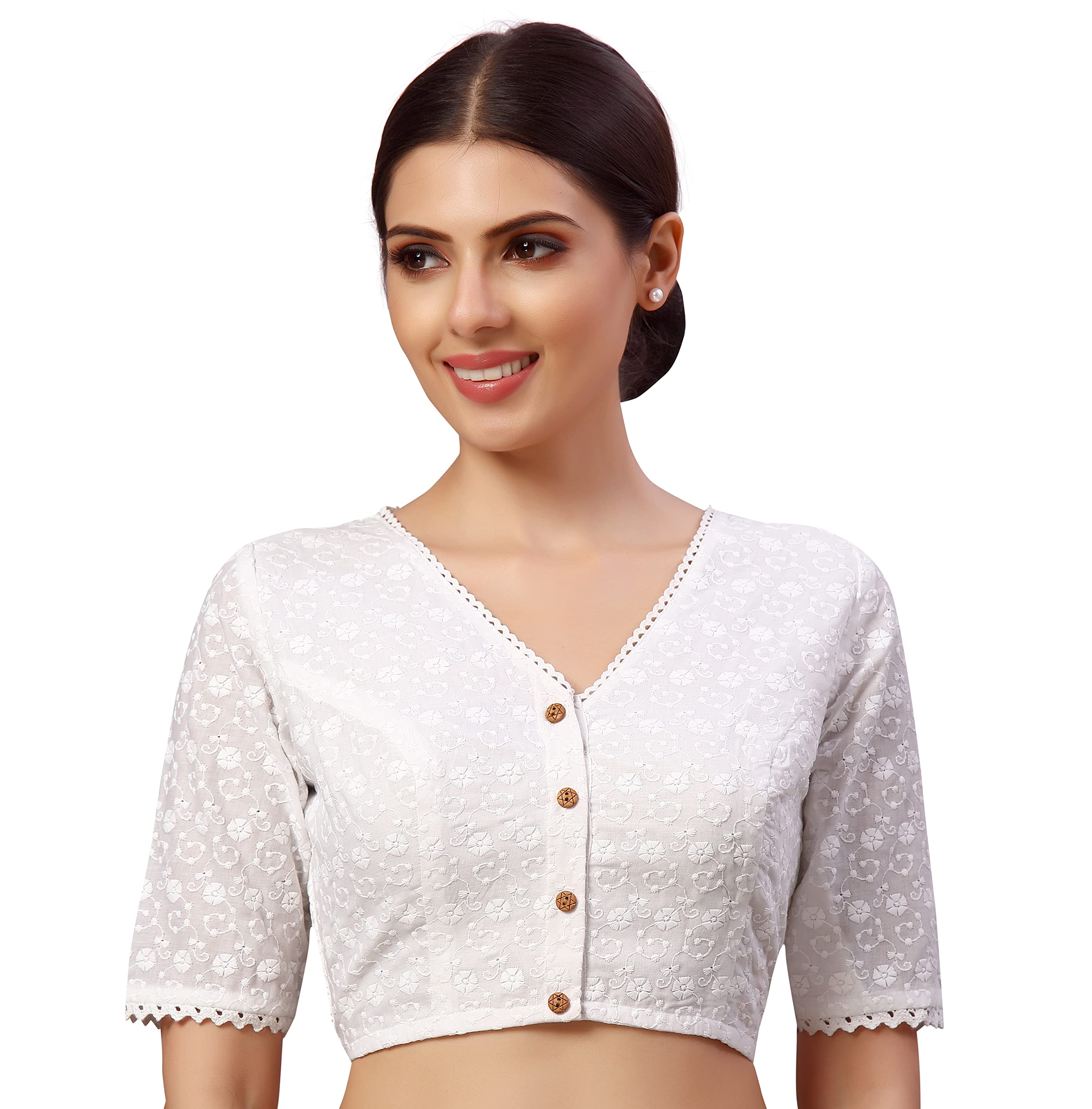 Women's Readymade Natural Cotton Elbow Length Sleeves Chikankari Saree Blouse