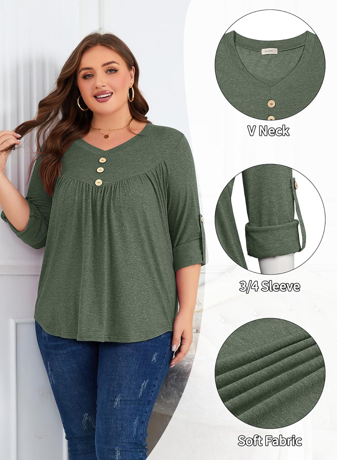 Siddhe Plus Size Tops 3/4 Sleeve Tunic Plus Size Fall Fashion for Women V Neck Casual Loose Tunic Blouse Dressy Casual Winter Fall Thermal Loose Lounge Fashion Tops with Leggings (Army Green,5XL) - Image 4
