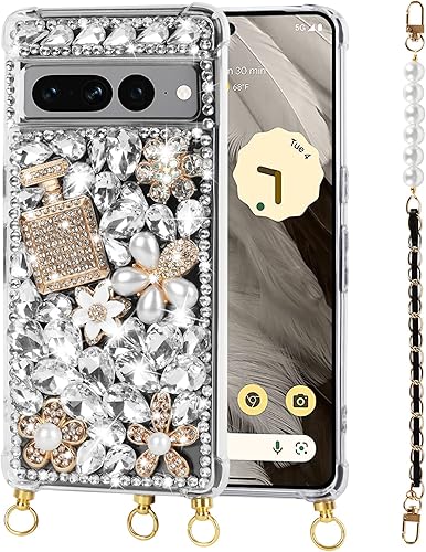 Leiju Case Funda para Google Pixel 7 con diseño de correa con purpurina, 3D hecha a mano con piedras brillantes de cristal y diamantes brillantes