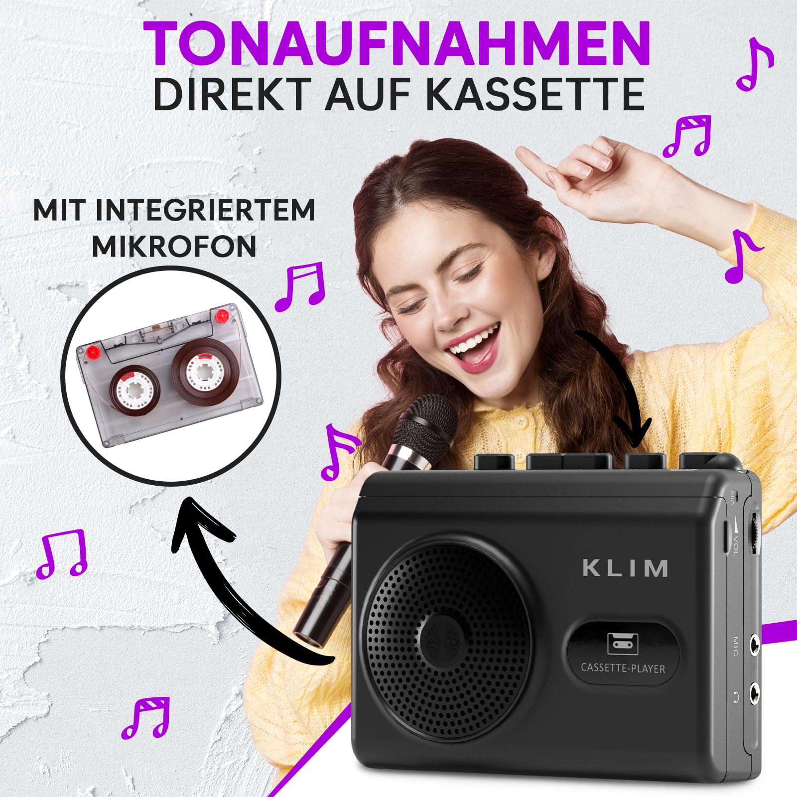 KLIM K9 Kassettenspieler – Tragbarer Cassette Player & Kassettenrecorder mit Lautsprecher, Mikrofon & Kopfhöreranschluss, Batteriebetrieben, Inkl. Kopfhörer