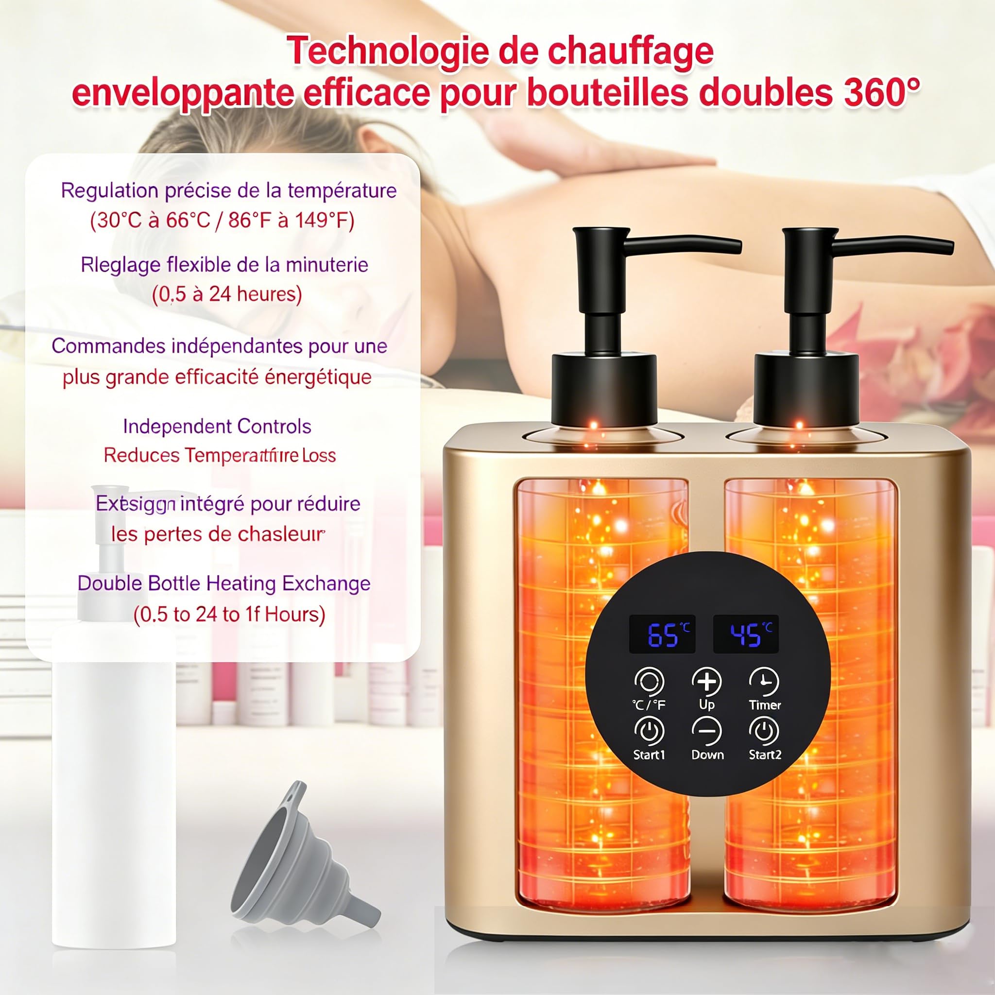 Chauffe huile de massage Double professionnel, Température réglable 30–65°C, Minuterie 0,5–24H, 4 Flacons + 2 Entonnoirs