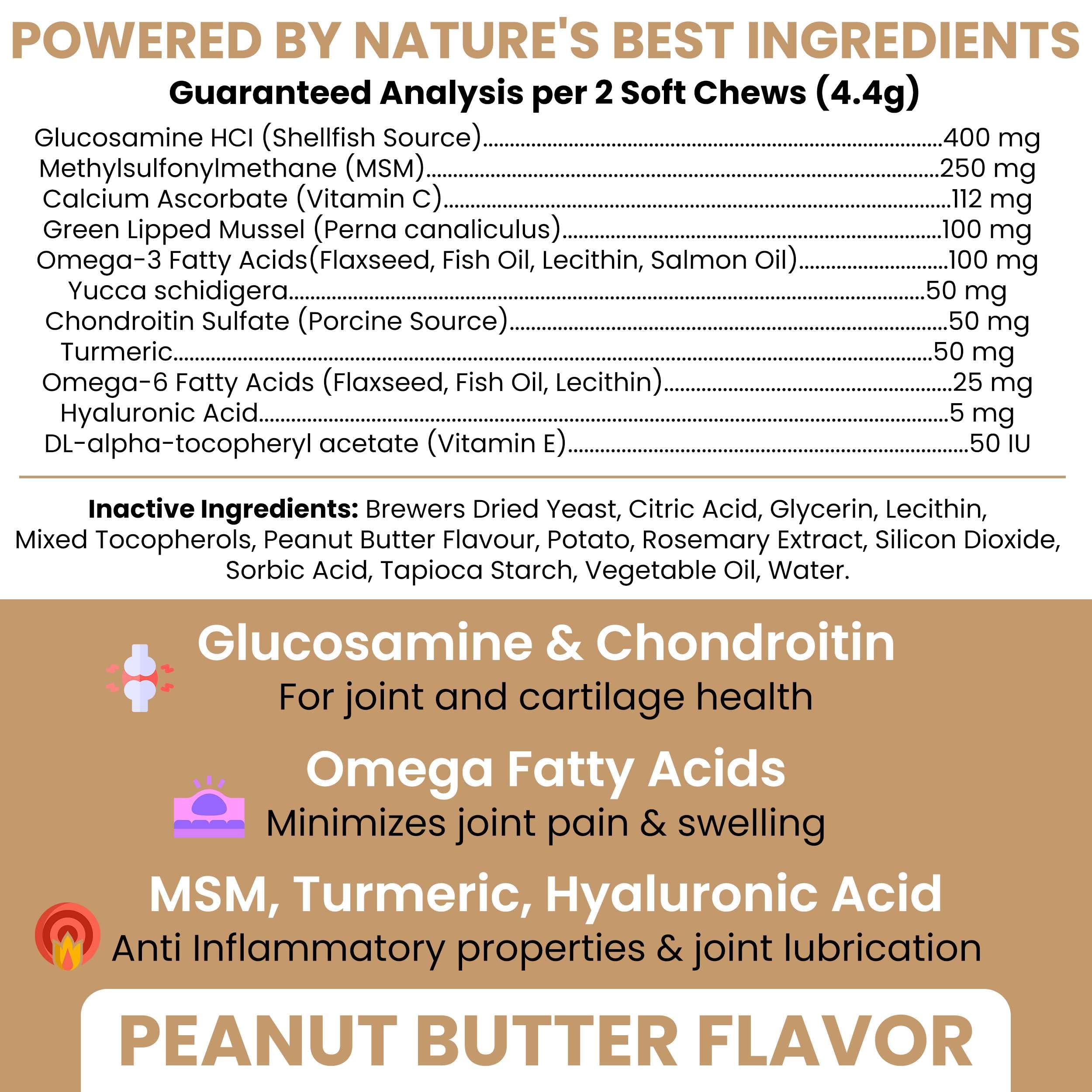 Glucosamine for Dogs Hip and Joint Supplement - 120 Soft Chews for Senior Dogs with Glucosamine, Chondroitin, MSM, and Omegas - For Mobility, Cartilage, and Joint Health - Peanut Butter Flavor - image 2