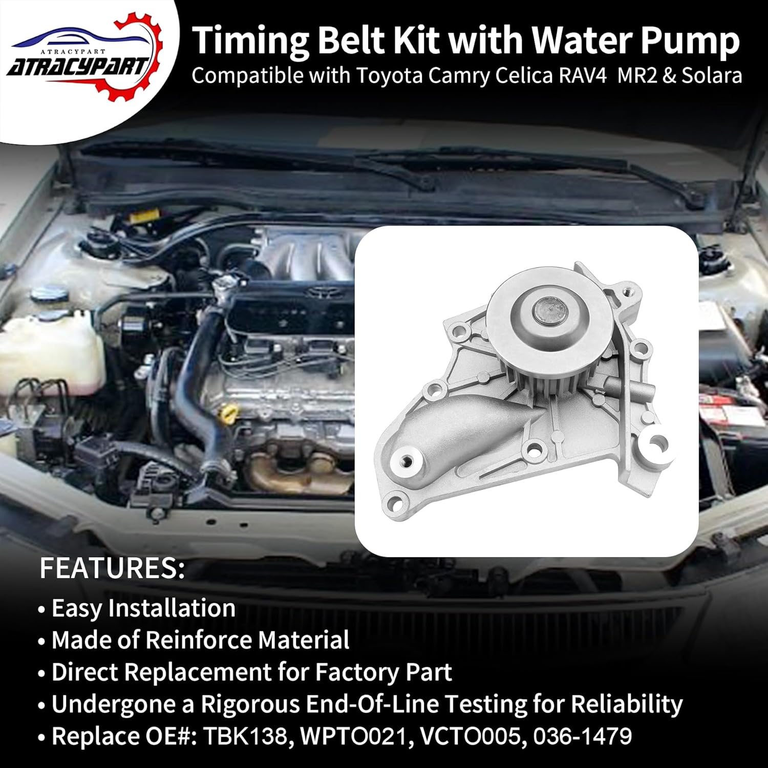 Engine Timing Belt Kit with Water Pump | Compatible With 1987-2001 Toyota Camry Celica RAV4 MR2 Solara 2.0L 2.2L 3SFE 5SFE L4 DOHC 16V | Replaces# TBK138, TCKWP199