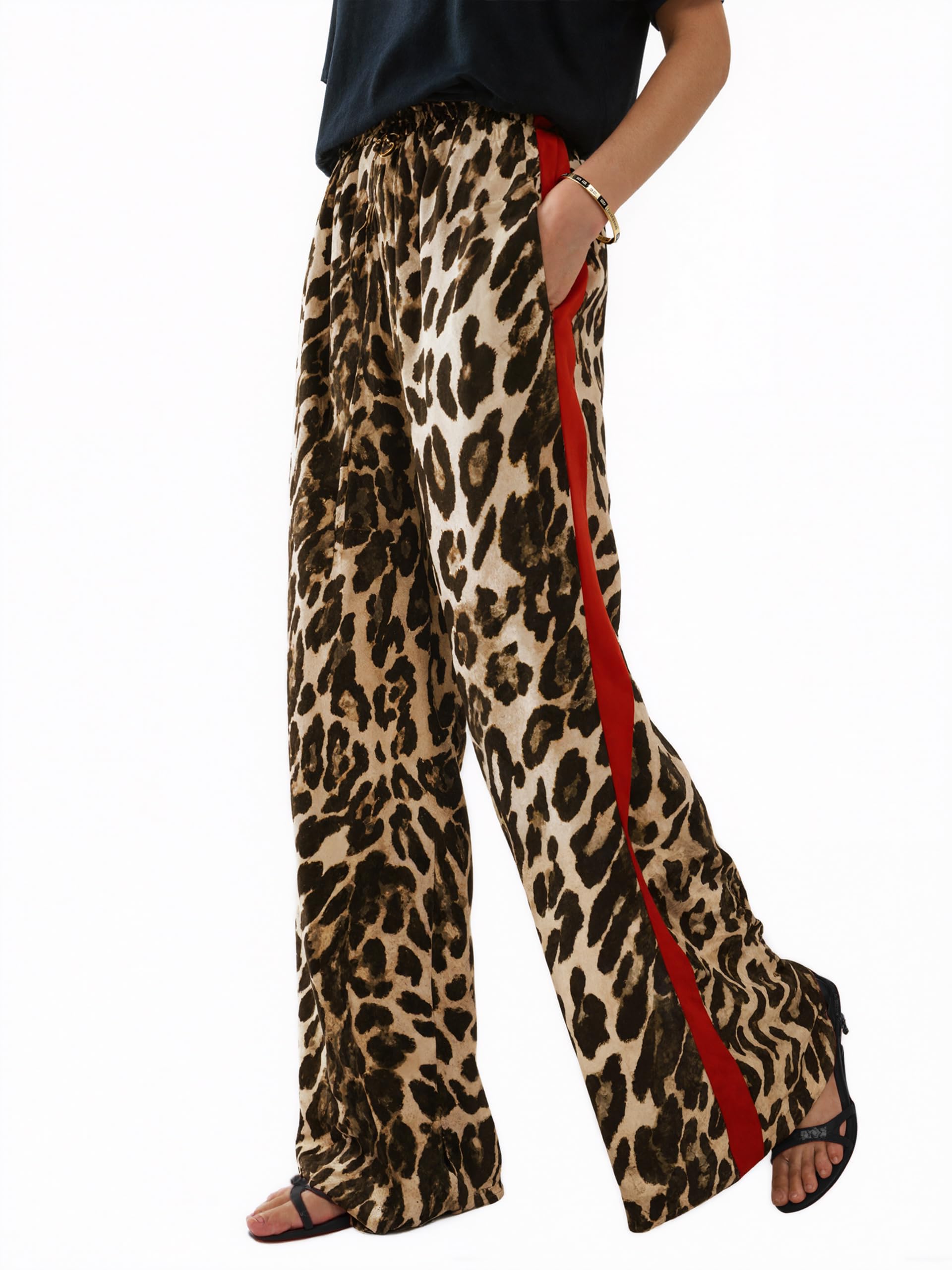 LIWEIKE Womens Leopard Print Pants Drawstring Color Block Side Striped Pants Y2K Cheetah Wide Leg Trousers with Pockets