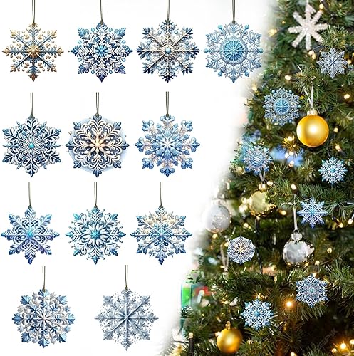 Miniatura 13 de 12 adornos de madera de Navidad, bolas de regalo rojas, decoración de árbol de Navidad, copos de nieve, árboles de Navidad, adornos colgantes con