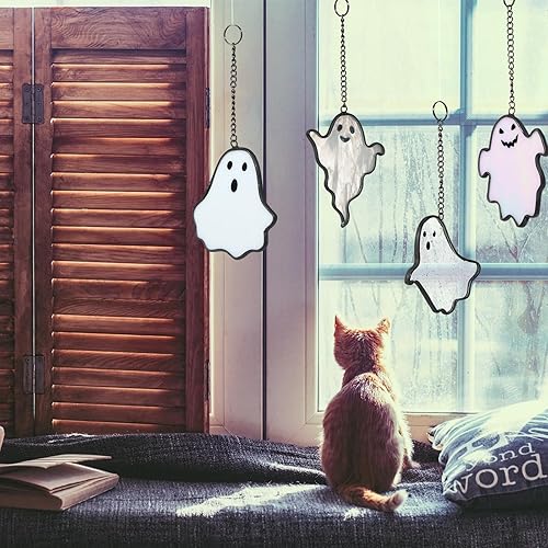 Miniatura 5 de Yungyan 4 piezas de fantasmas de Halloween con vitrales pintados a mano para colgar en la ventana, atrapasoles de Halloween, decoración gótica para