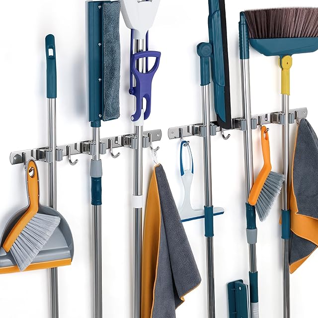 Damita Broom Holder Wall Mount Mop Hanger for Kitchen Garage Garden Metal Tool Organization - Stainless Steel Non-slip Broom Rack Mop Holder Wall Organizer 2-Pack (Silver, 3 Racks 4 Hooks)