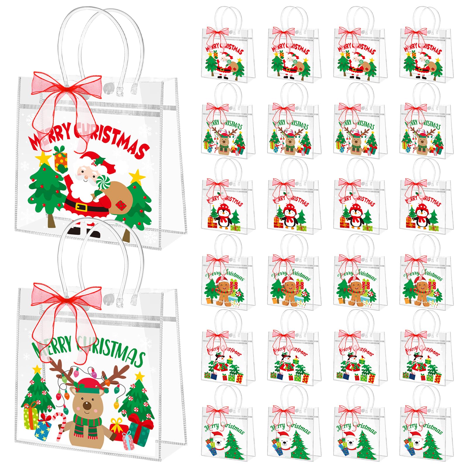 YXSJAS 24 Pcs Clear Gift Bags with Handle&Bow Ribbon, PVC Bag,Santa Plastic Totes Bag,Candy Goodie Treat Totes,Reusable Gift Wrap Tote Bags for Party 7.9''x7.9''x3.1''(6 Style)