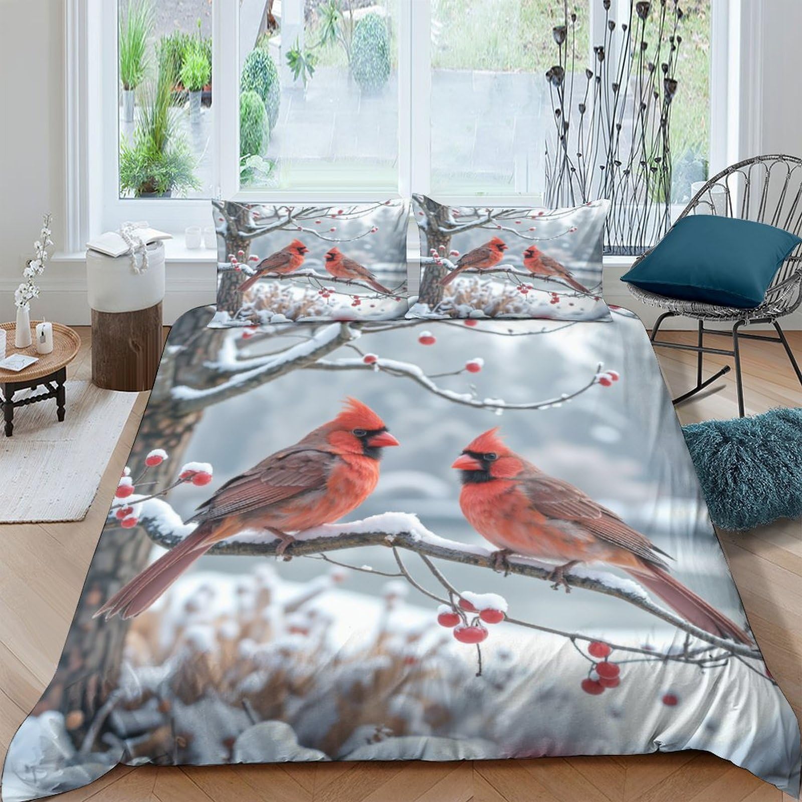 Ctjqhvkz Style-7 3D Printed Red Cardinal Fitted Sheet Microfiber Soft Grey Winter Bird Bed Cover For Bedroom Guest Room Decor Single（135X200cm）