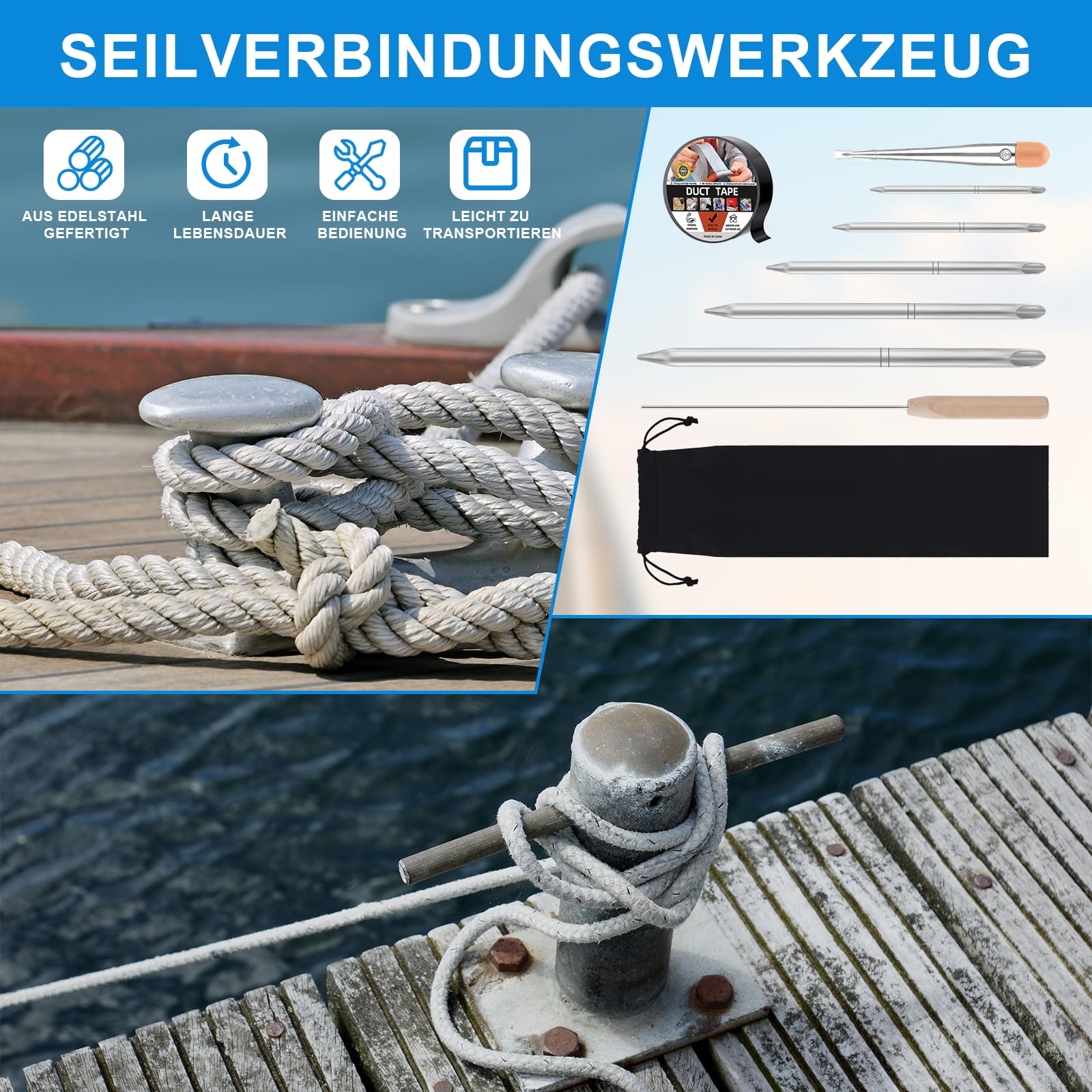 9-Teiliges Seil-Spleißwerkzeug-Set, Seilspleiß-Set, Fid-Kit mit Edelstahl-Stranghalter Seilverbindungsset und Schwarzes Klebeband, Flechtnadeln für Geflochtene Seilverbindung Segeln Takelage Seilwinde