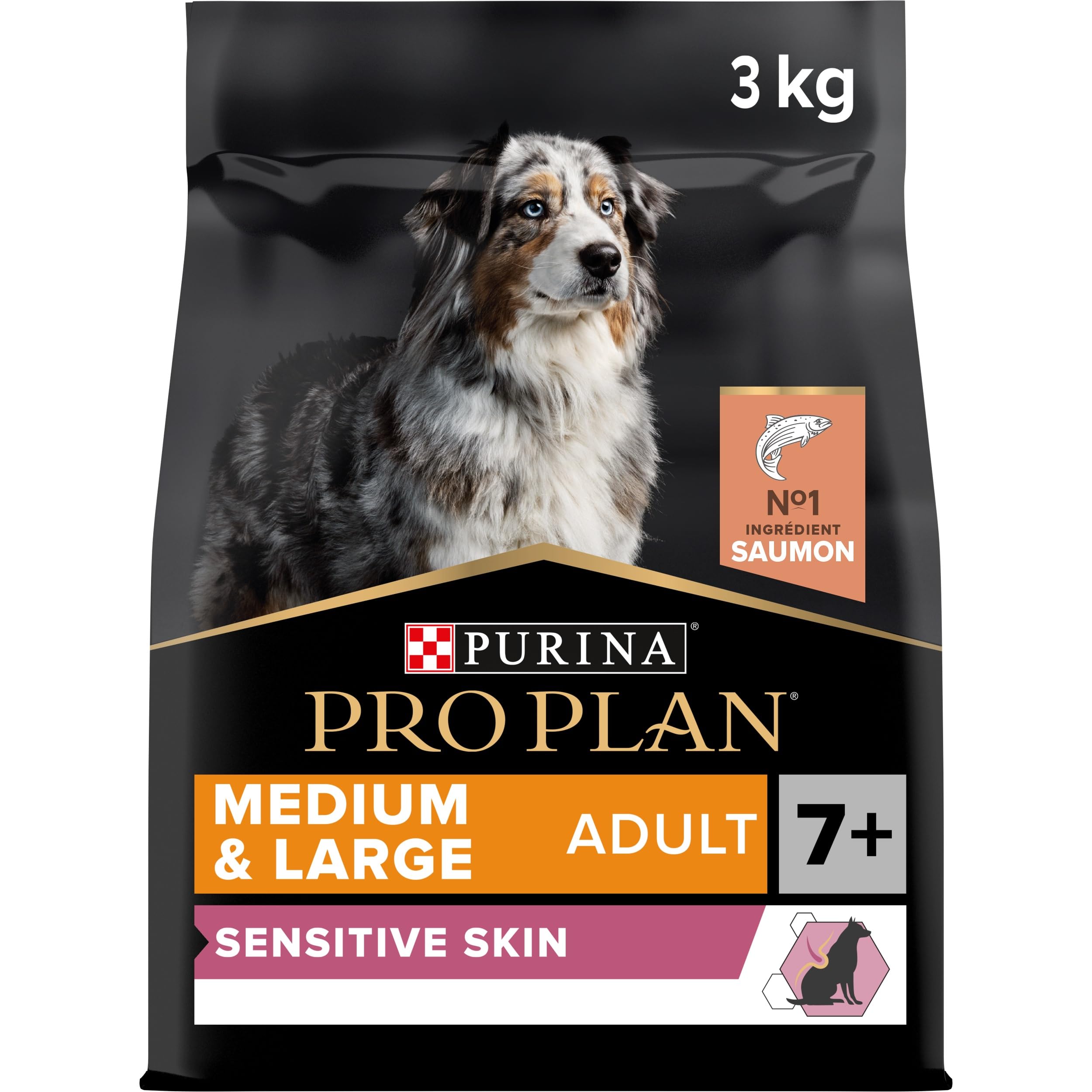 PURINA PRO PLAN | Sensitive Skin | Croquettes complètes pour chiens de moyenne/grande taille de plus de 7ans | Favorise une peau saine, un pelage brillant | Saumon | Croquettes | Sac | Lot de 4 x 3 Kg