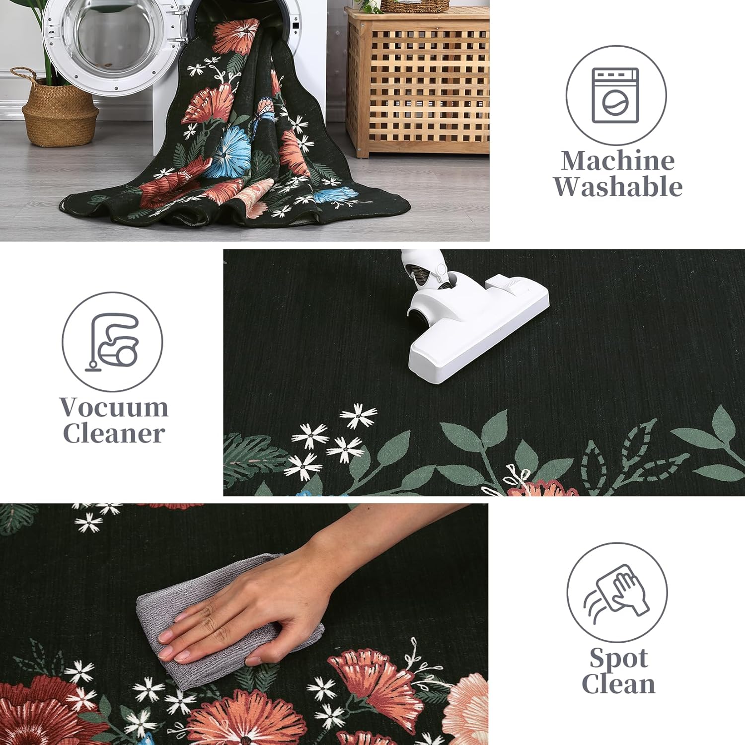 Washable Rug 5x7 Area Rug Floral Boho Carpet Non Slip Soft Floor Cover Indoor Vintage Boho Rugs for Bedroom Ultra-Thin Non-Shedding Throw Rugs for Dining Room Home Office Nursery Dorm Black