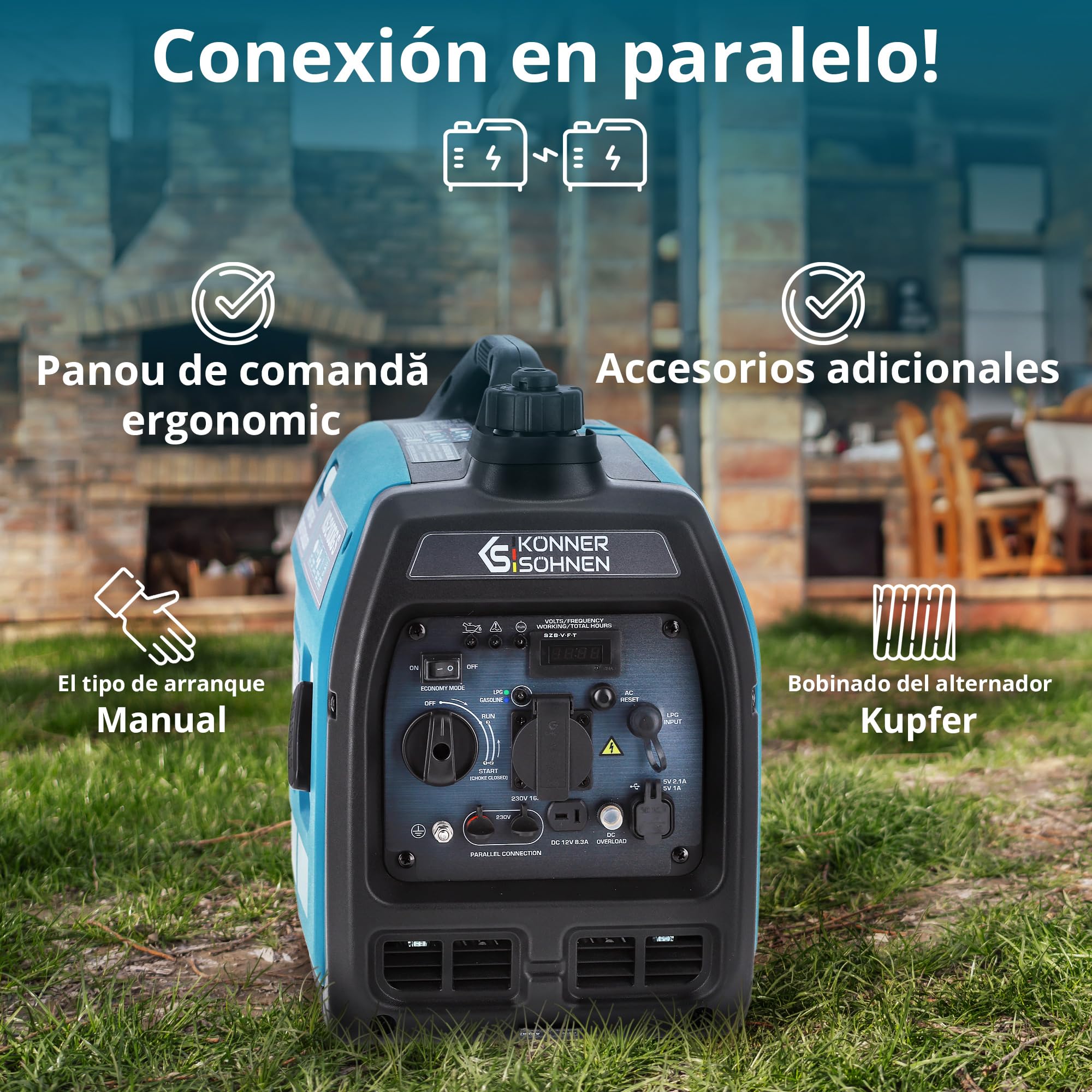 Könner & Söhnen KS 2100iG S Generador Inverter Gasolina 2000W Schuko Socket 230V 2 Puertos USB Indicador LED Modo ECO Generador de Emergencia EURO V