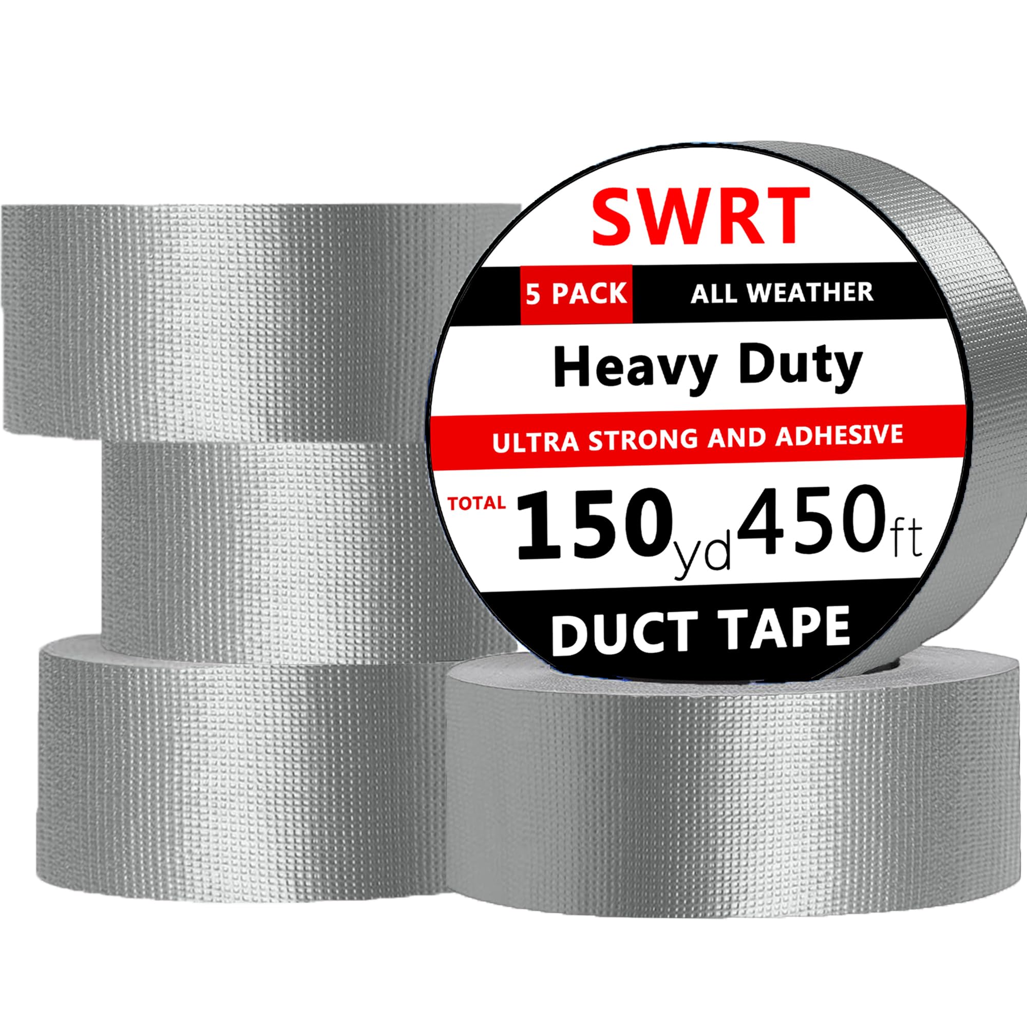SWRT 5-Pack Silver Duct Tape - Strong Adhesive, 2 Inch x 150 Yd Total, Heavy Duty Waterproof All Weather, No Residue Sealing & Patching for Indoor & Outdoor Repair