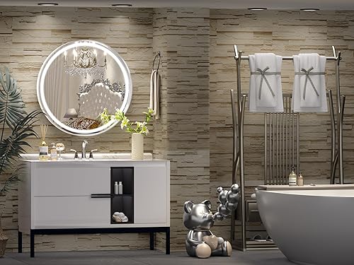 Miniatura 2 de Hasipu Espejo de baño LED de 28 pulgadas con luz, marco redondo de metal plateado, espejos de baño para tocador, antiniebla, regulable, 3 colores