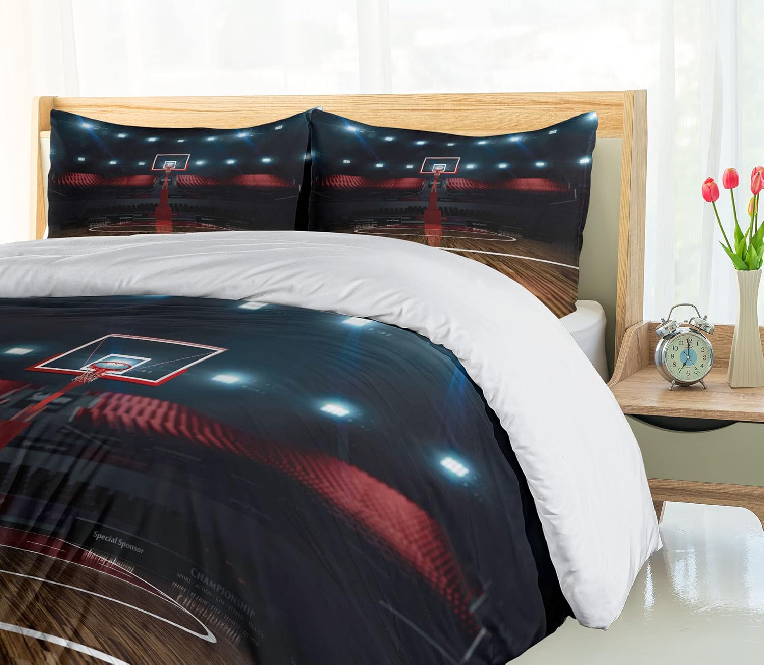 Ambesonne Teen Room Duvet Cover Set, Professional Basketball Arena Stadium Before The Game Championship Sports Image, Decorative 3 Piece Bedding Set with 2 Pillow Shams, Queen Size, Dark Brown